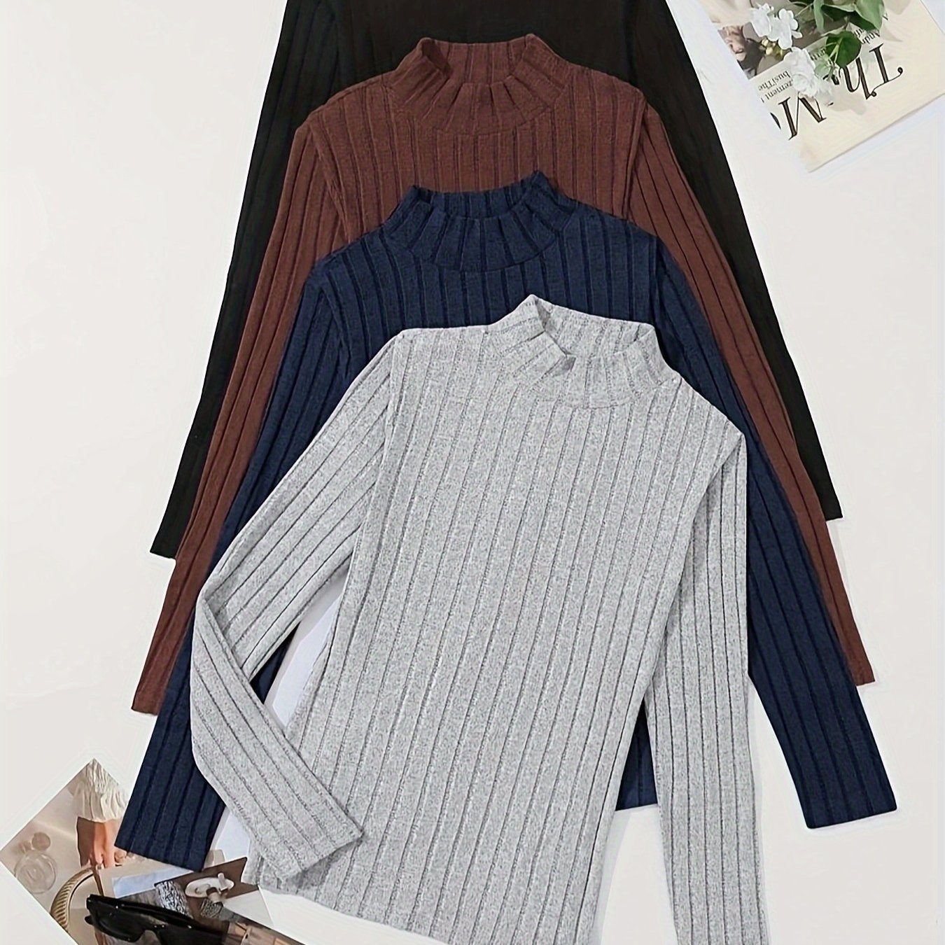 4pcs Solid Color Ribbed T-Shirt Set