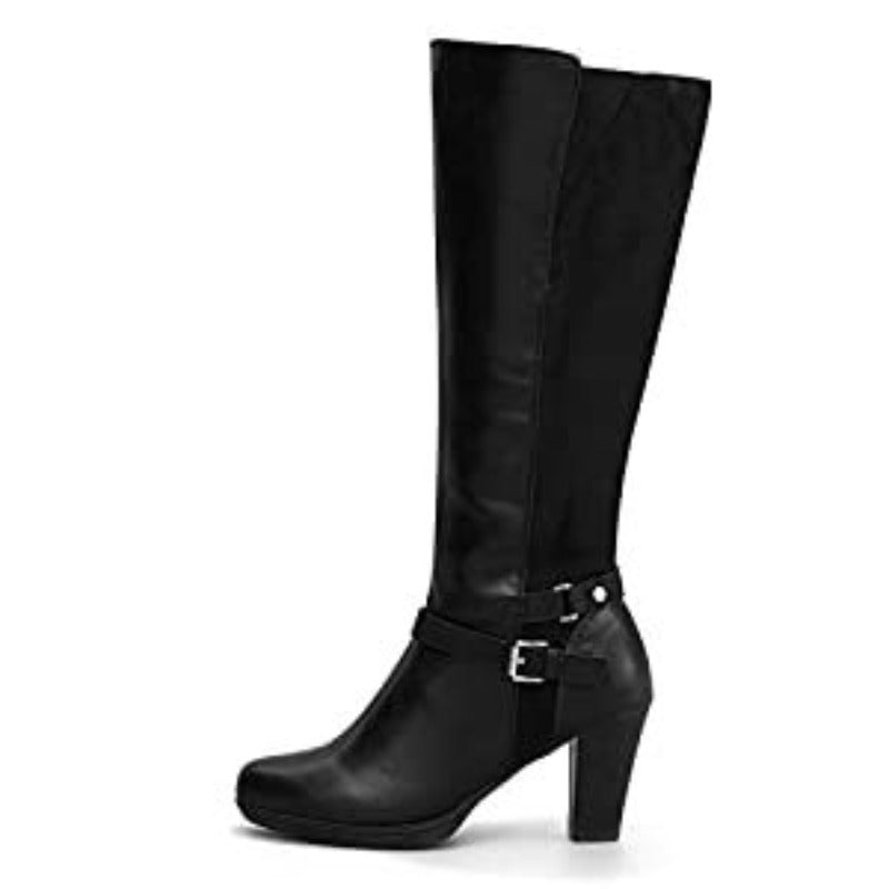 Women's Chunky Heel Knee-High Boots - Full-Length Round Toe PU Dress Boots with Back Zipper Closure, Thick Platform Heel (TPR Sole) & PU - Elegant Brown/ for Dresses, Skirts, Jeans - Versatile Fall Outfit