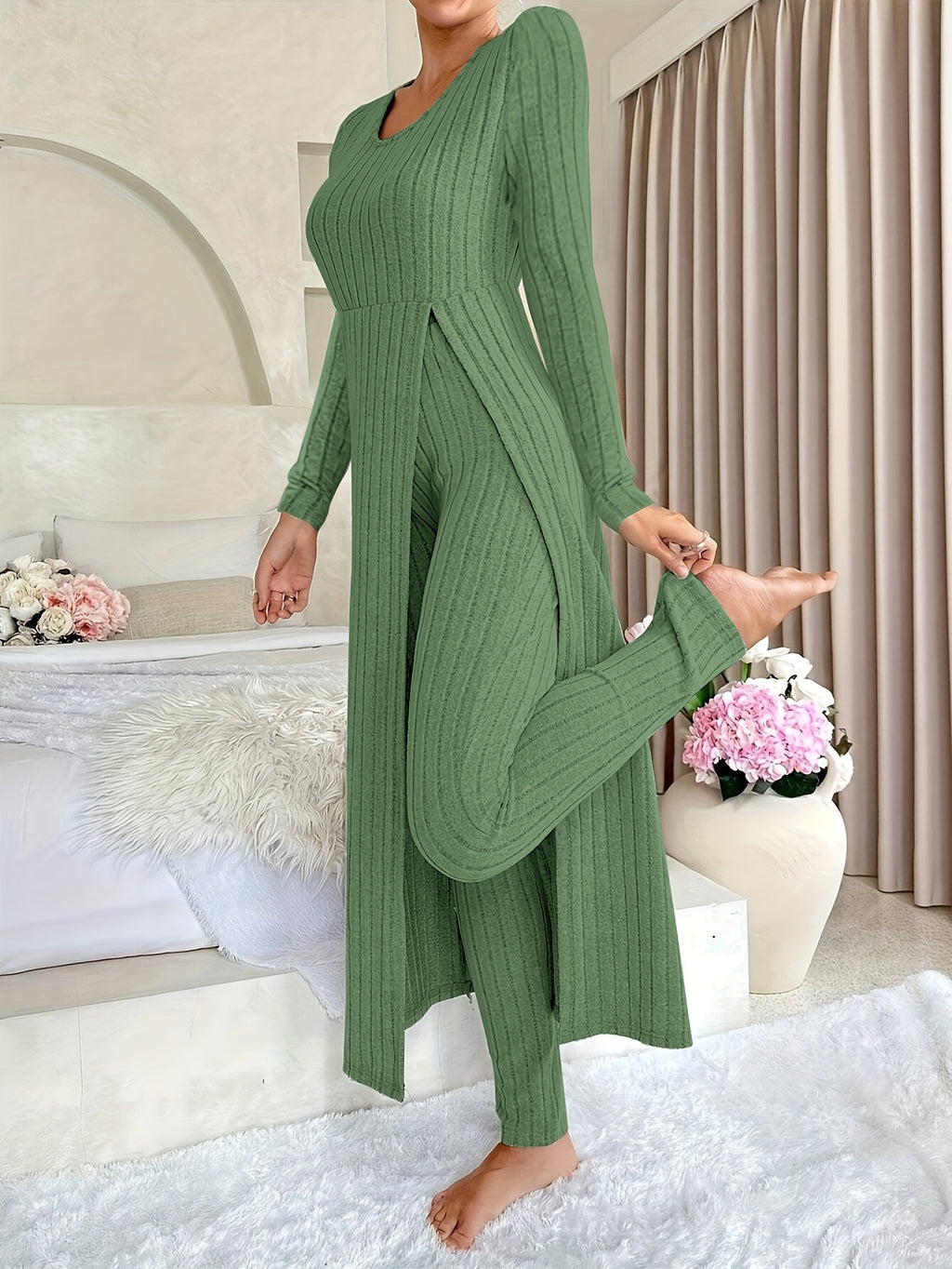 [Targeted]Two-piece Set of Ribbed Long-sleeved Top and Pants for Women