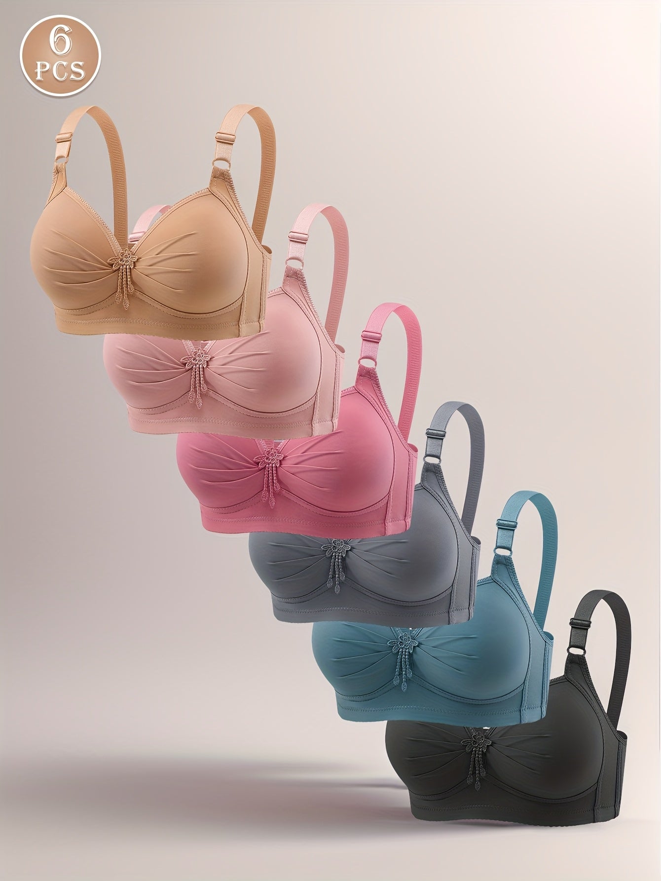 6pcs Women'S Wire-Free Smooth-Finish Back-Closure Bras with Adjustable Wide Straps & Decorative Pleats - Soft Comfort & Breathability, 6 Colors (, Pink