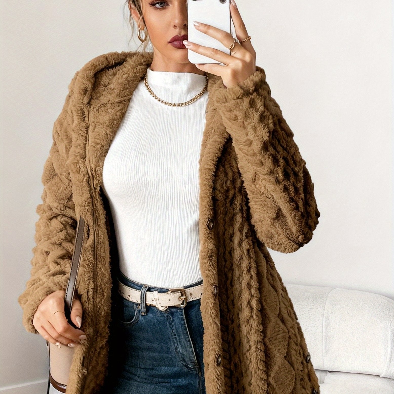 Women's Plush Fuzzy Hooded Cardigan Coat - Luxe Cable--Like Jacket with Button-Front Closure, Soft Beige Winter Sweater for Blouses & Jeans, Hand Washable Mid-Length Outerwear (No Belt)