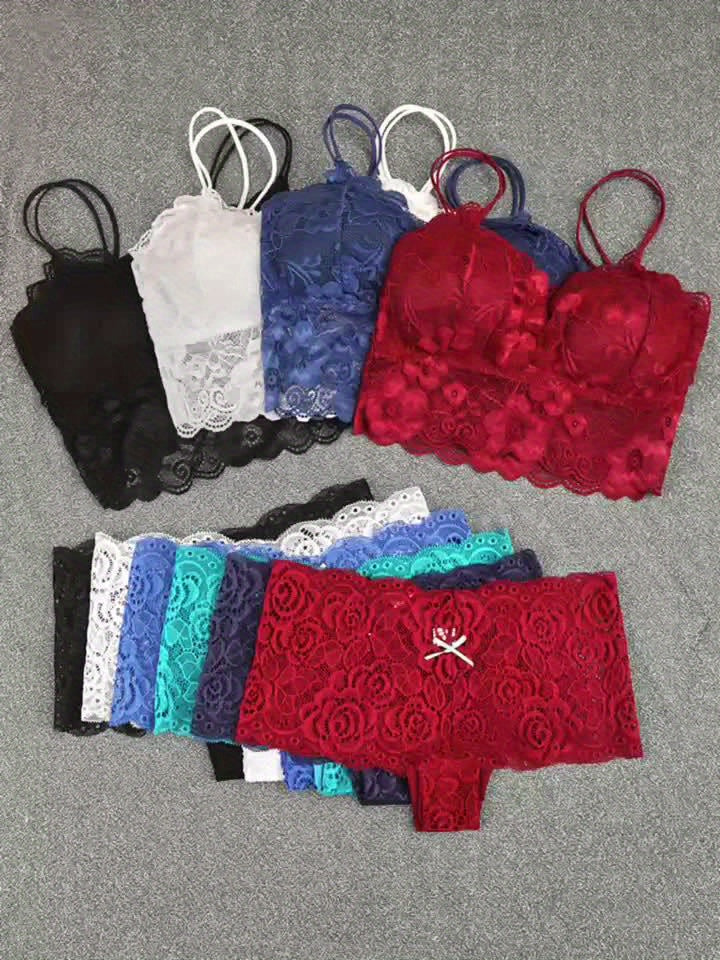 10pcs Of Women'S Underwear And Panties Combination Set Without Steel Rims, Comfortable Daily Exquisite Lace Bra Base, Beautiful Back, Seamless Suspender with Chest Cushion, Detachable Bra, Lace Underwear, Women'S Underwear An