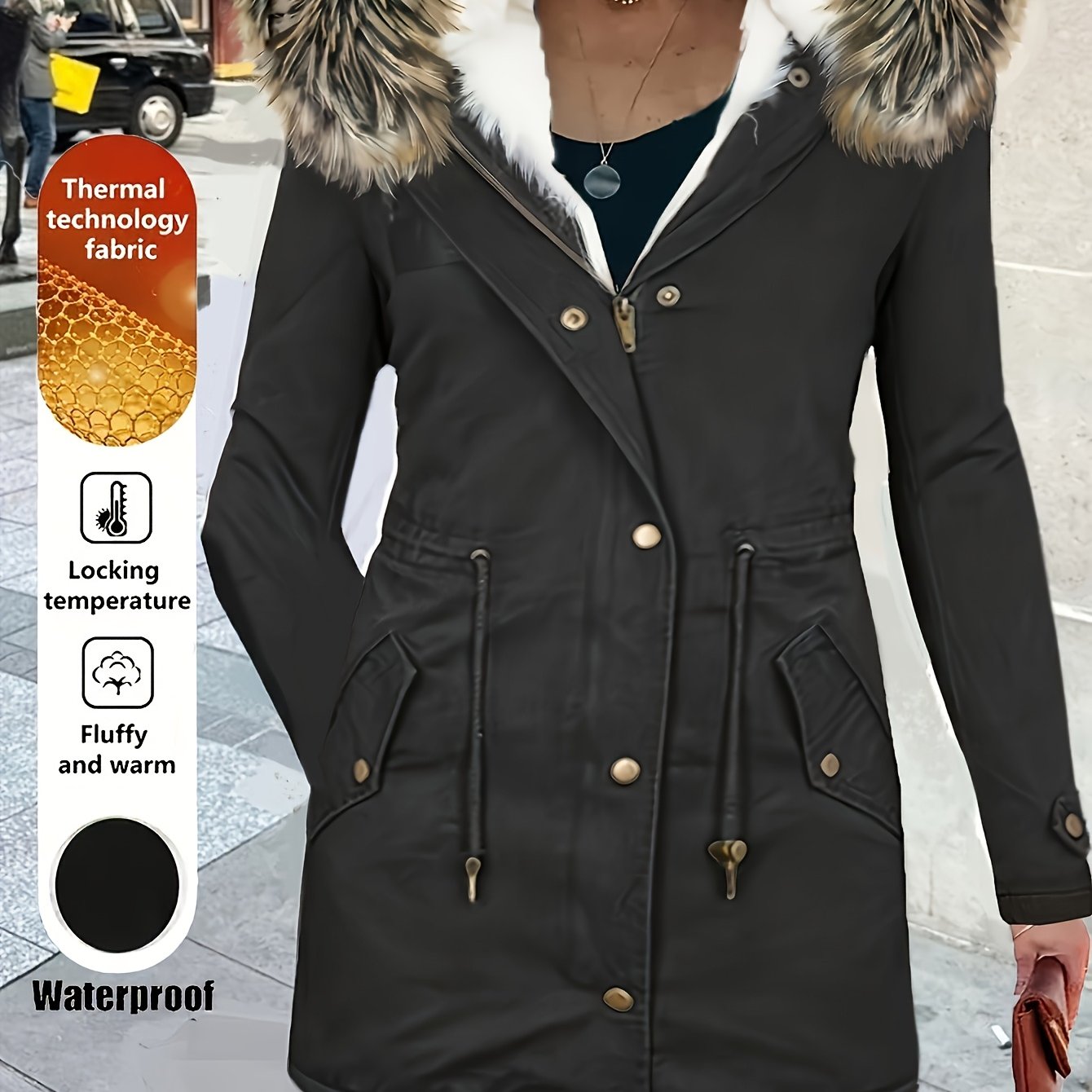 Women'S Thermal Insulated Fleece-Lined Military Parka Coat with Detachable Faux Fur Hood & High Quality High Quality Fabric - Heavy-Duty Winter Jacket, Full-Zip Closure, Golden-Tone Hardware, Utility Pockets, Adjustable Draws