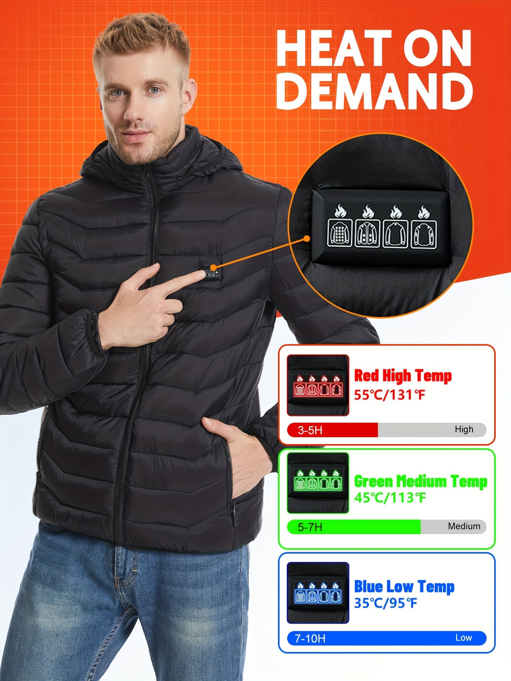 MOSSROZZ Smart Heated Jacket with 26 Heating Zones, USB-Powered Electric Heating, 4 Control Buttons & 3 Heat Settings, USB-C Fast Charging, Long-Lasting Battery (Battery Pack Not Included) - Heavy-Duty Polyester Winter Jacket