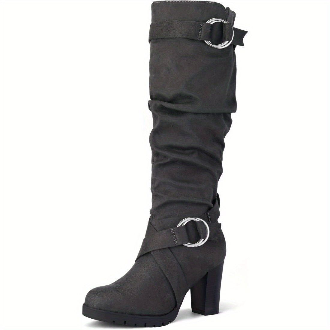 Women's Glossy Faux Cover-like Synthetic Cover Knee-High Boots with Chunky Block Heel & Golden-Tone Zipper - Winter Warm TPR Sole, Pointed Toe & Side Zipper Closure - Solid Black/Color Options - Elegant Winter Boots for Dress