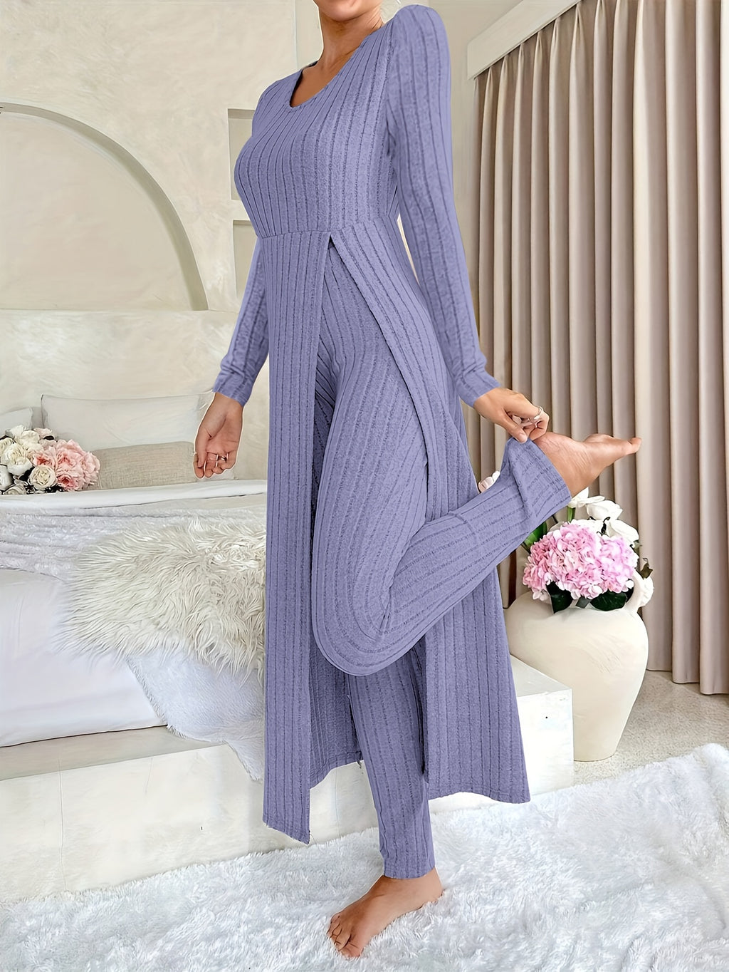 [Targeted]Two-piece Set of Ribbed Long-sleeved Top and Pants for Women