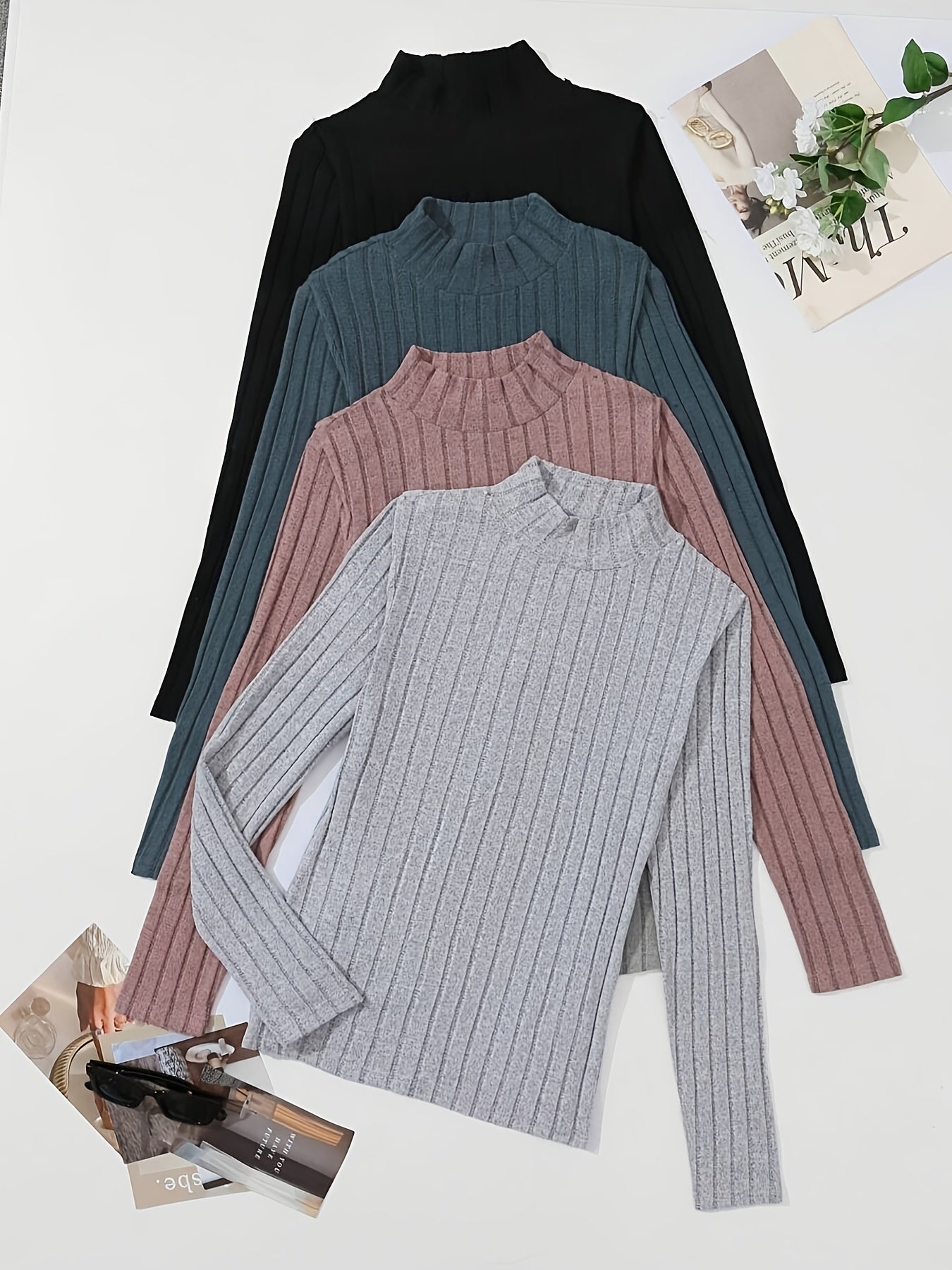 4pcs Solid Color Ribbed T-Shirt Set