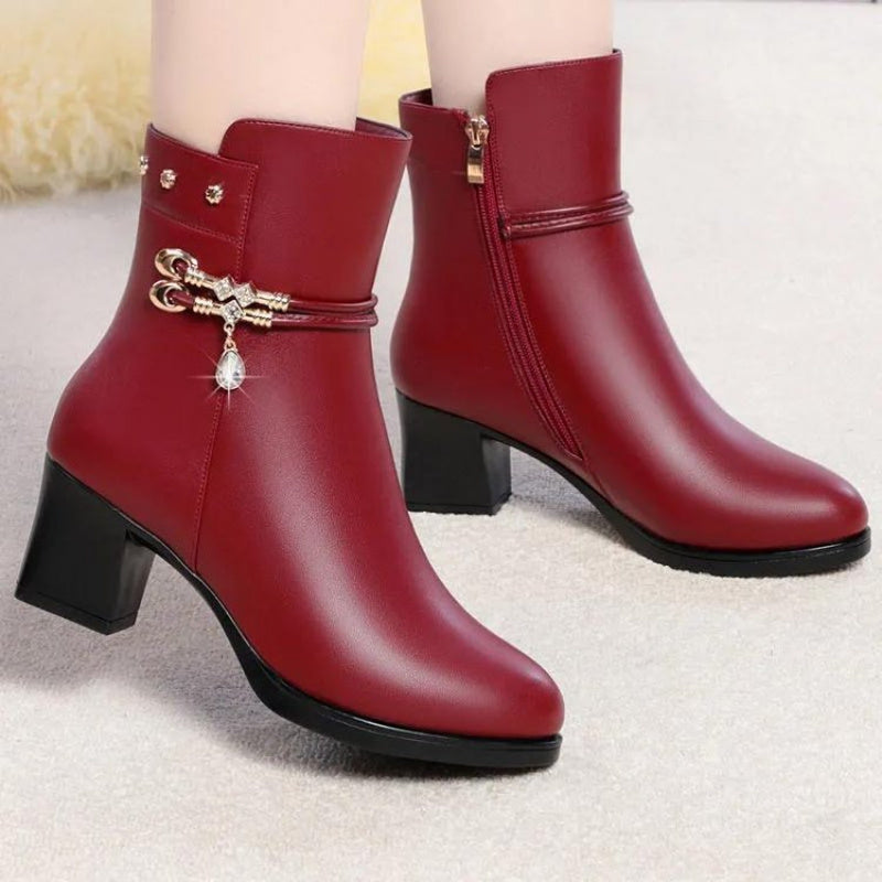 Women'S Large Size Fleece-Lined Mid-Calf Boots with Thick Low Heel & Zipper Closure - Round Toe PU Cover Winter Boots with Plush Lining, Warm & Stylish for Casual & Semi-Formal Outfits, Durable Rubber Sole (Red/) - Easy On/Of