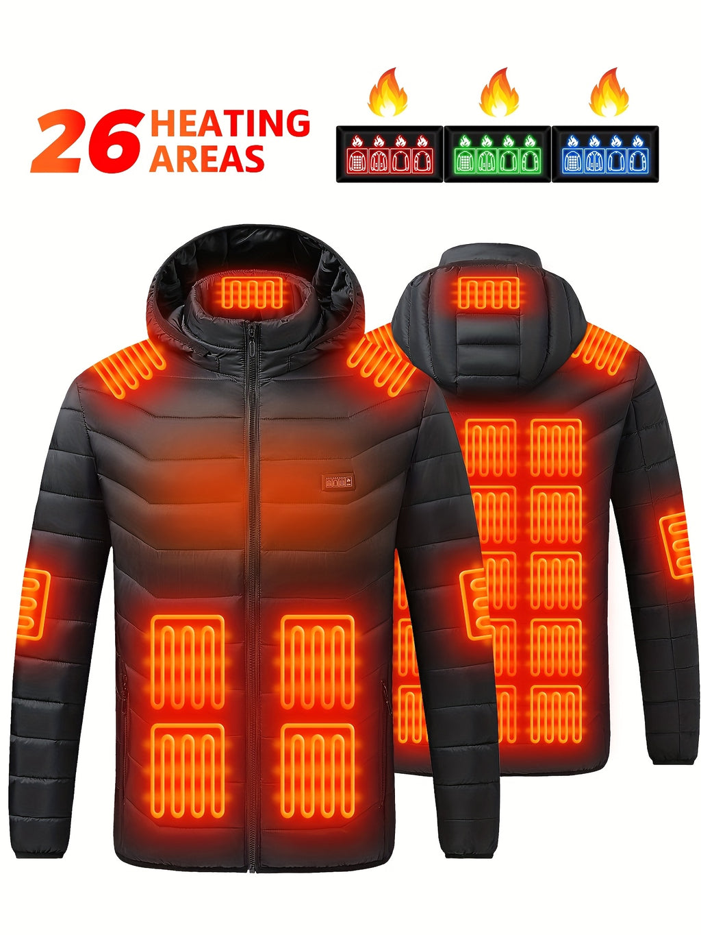 MOSSROZZ Smart Heated Jacket with 26 Heating Zones, USB-Powered Electric Heating, 4 Control Buttons & 3 Heat Settings, USB-C Fast Charging, Long-Lasting Battery (Battery Pack Not Included) - Heavy-Duty Polyester Winter Jacket