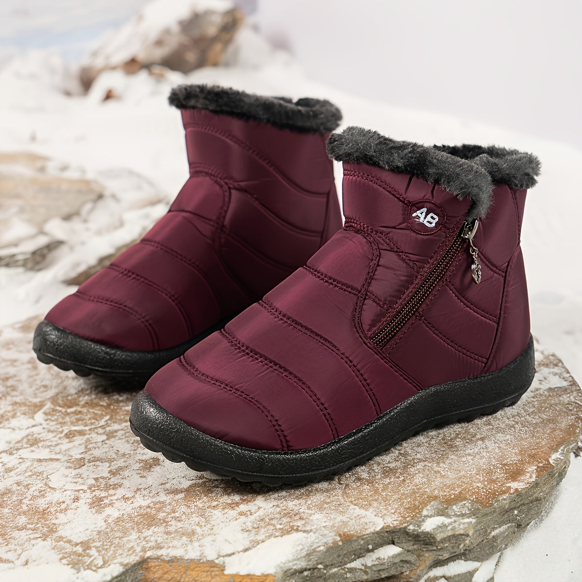 Women'S Winter Snow Boots - Cozy Fleece Lined Round Toe Zipper Closure, Flat Sole Warmth for Outdoor Activities, Solid Color Winter Shoes, Winter Boots, Cozy Footwear, Fabric Upper