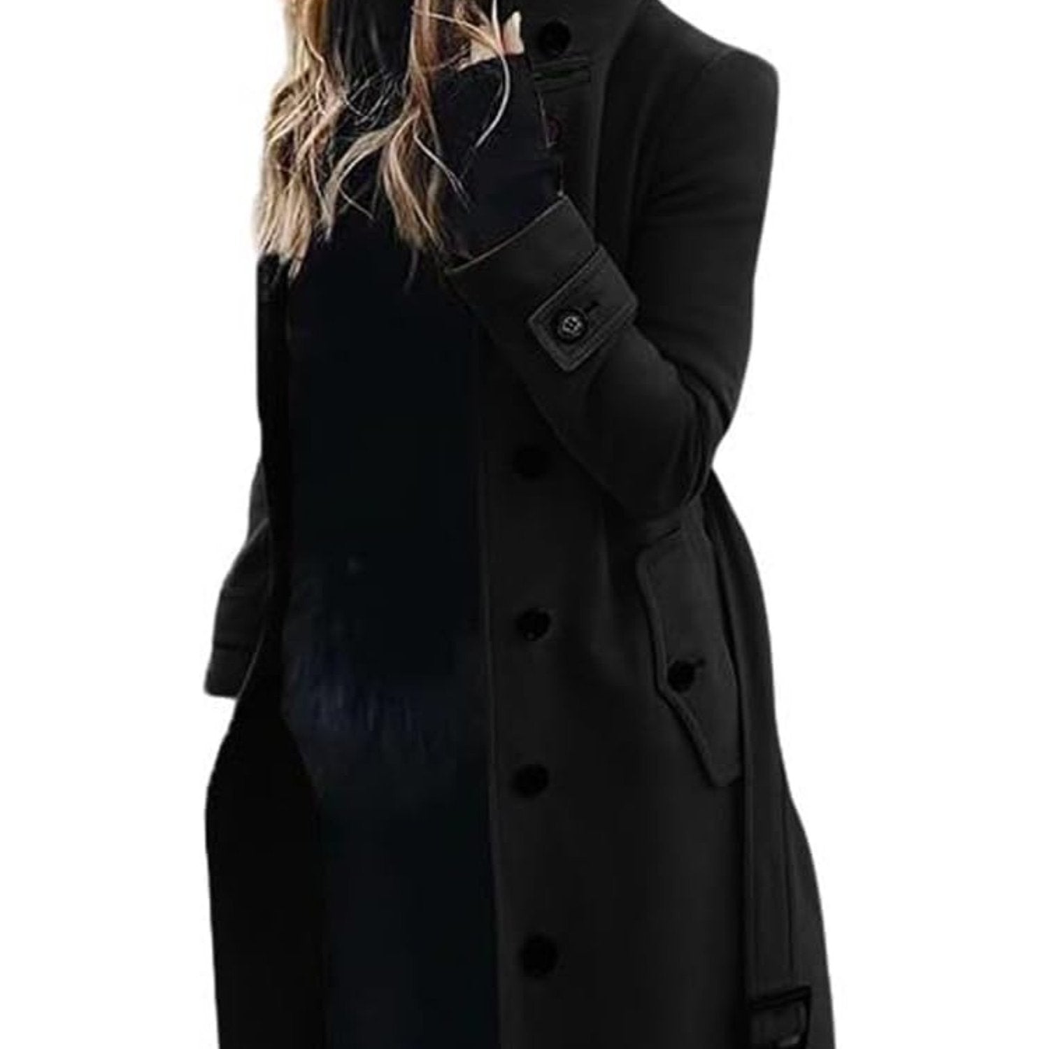 Women's Elegant Single-Breasted Stand Collar Winter Pea Coat - Long Midi Length Jacket with Pockets, Solid Color Business Casual Outerwear for or Cold Weather, Hand Washable Coat