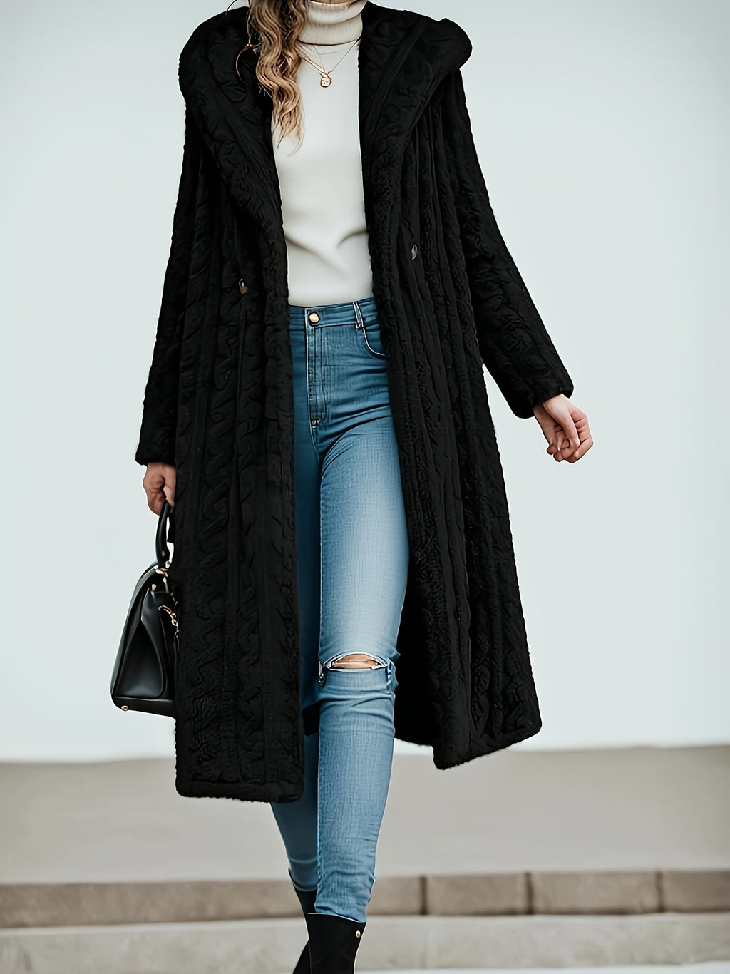 Women's Black Cable Longline Coat: Hooded Design (windproof & Trendy) + Cable Texture (luxurious Quality) + Extra-Long Fit (hides Flaws & Elongates Legs) + Thick & Warm (cold-resistant) + Black Hue (versatile for Any Outfit)