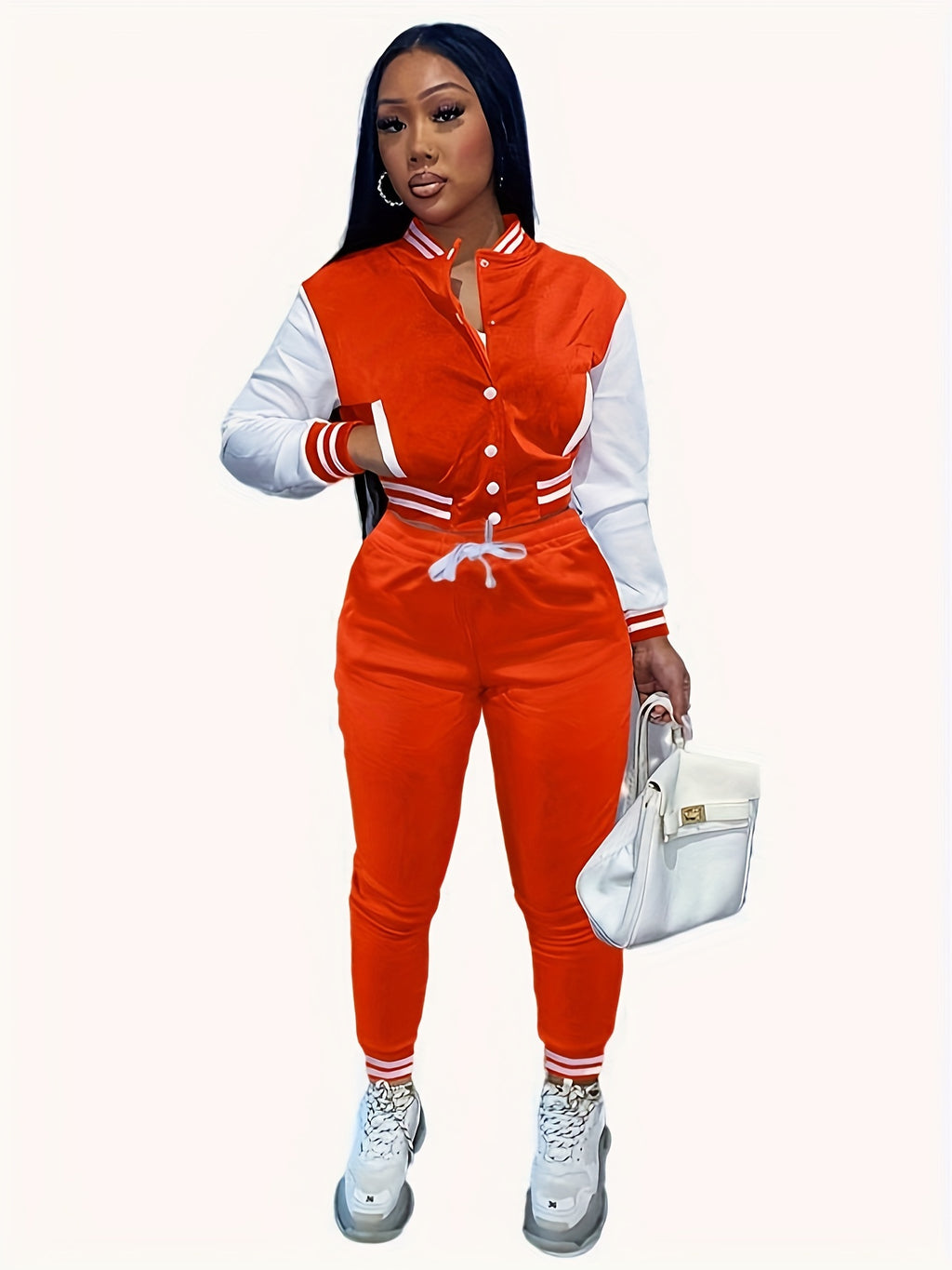 Women'S Casual Baseball Jacket and Pants Set - Solid Color, Long Sleeve, Regular Fit, Two-Piece with Single-Breasted Buttons, Casual |Casual Style|Singlebreasted Jacket