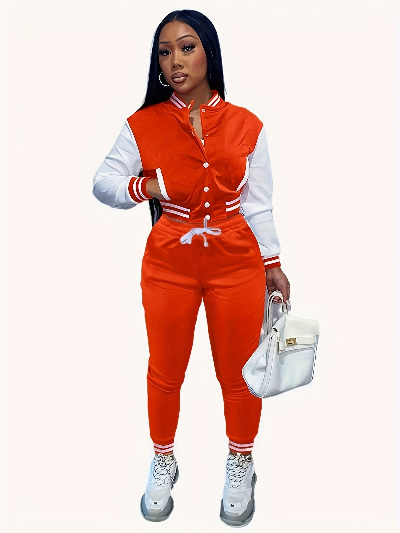 Women'S Casual Baseball Jacket and Pants Set - Solid Color, Long Sleeve, Regular Fit, Two-Piece with Single-Breasted Buttons, Casual |Casual Style|Singlebreasted Jacket
