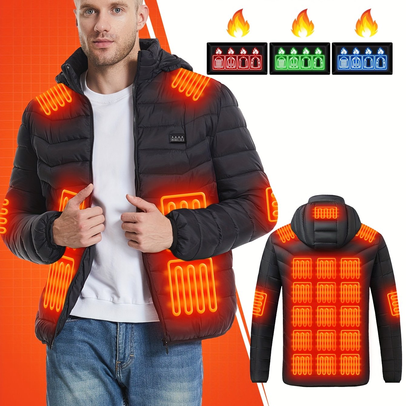 MOSSROZZ Smart Heated Jacket with 26 Heating Zones, USB-Powered Electric Heating, 4 Control Buttons & 3 Heat Settings, USB-C Fast Charging, Long-Lasting Battery (Battery Pack Not Included) - Heavy-Duty Polyester Winter Jacket
