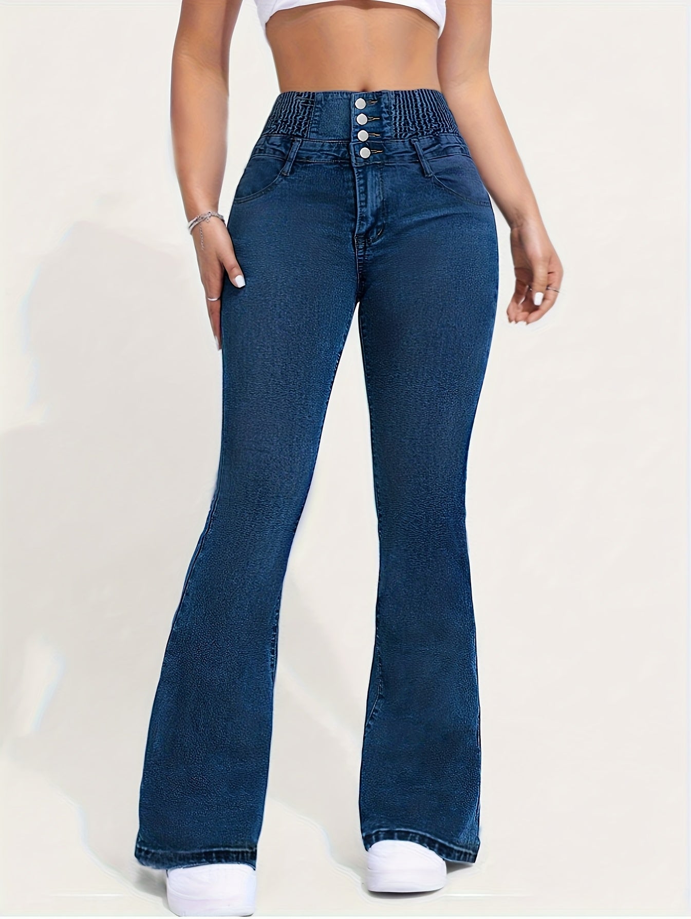 High Waist Flare Leg Jeans for Women, Vintage Style, with Shirring Detail, Button Fly and Zipper Closure, Multiple Pockets, Washed Solid Blue Denim, Elastic High Stretch, for All-Season Wear
