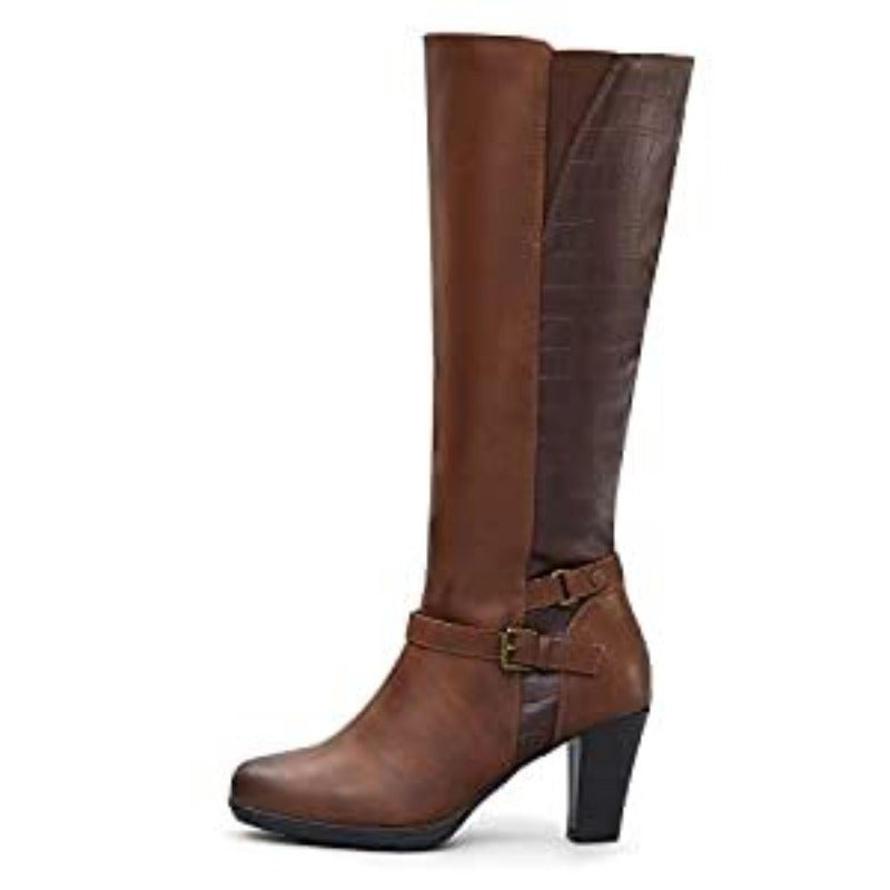 Women's Chunky Heel Knee-High Boots - Full-Length Round Toe PU Dress Boots with Back Zipper Closure, Thick Platform Heel (TPR Sole) & PU - Elegant Brown/ for Dresses, Skirts, Jeans - Versatile Fall Outfit
