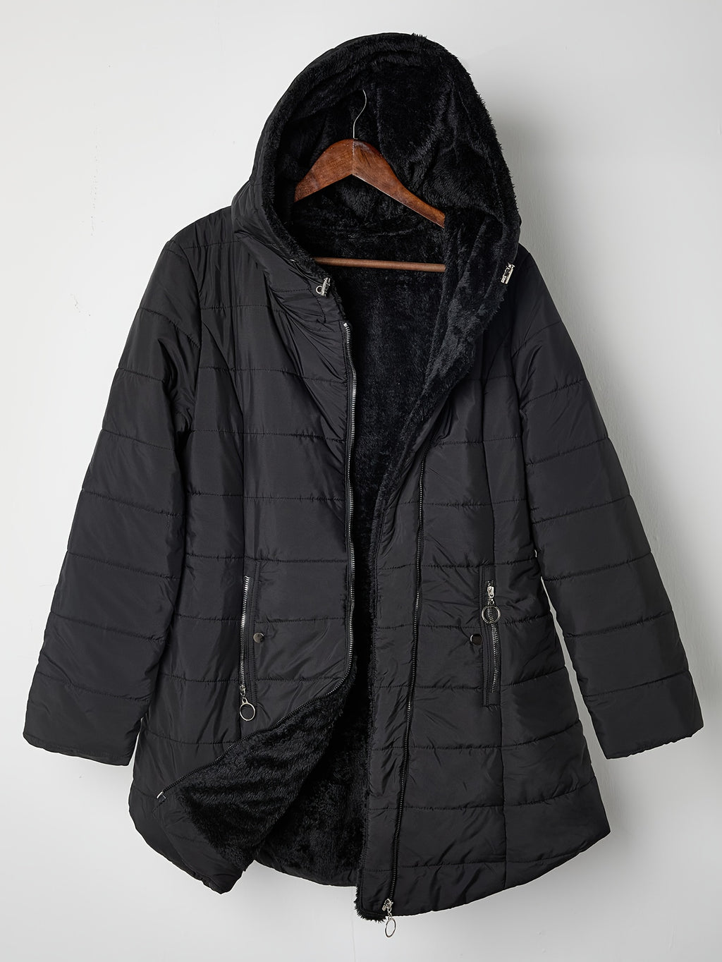 Women'S Elegant Mid-Length Black Coat with Hood - Winter Warmth, Zipper Pockets & Full-Zip Closure, Soft Lining, Structured Fit, Long Sleeve Non-Stretch Outerwear for Fall & Winter, Casual to Formal Outfits (No Belt Required)