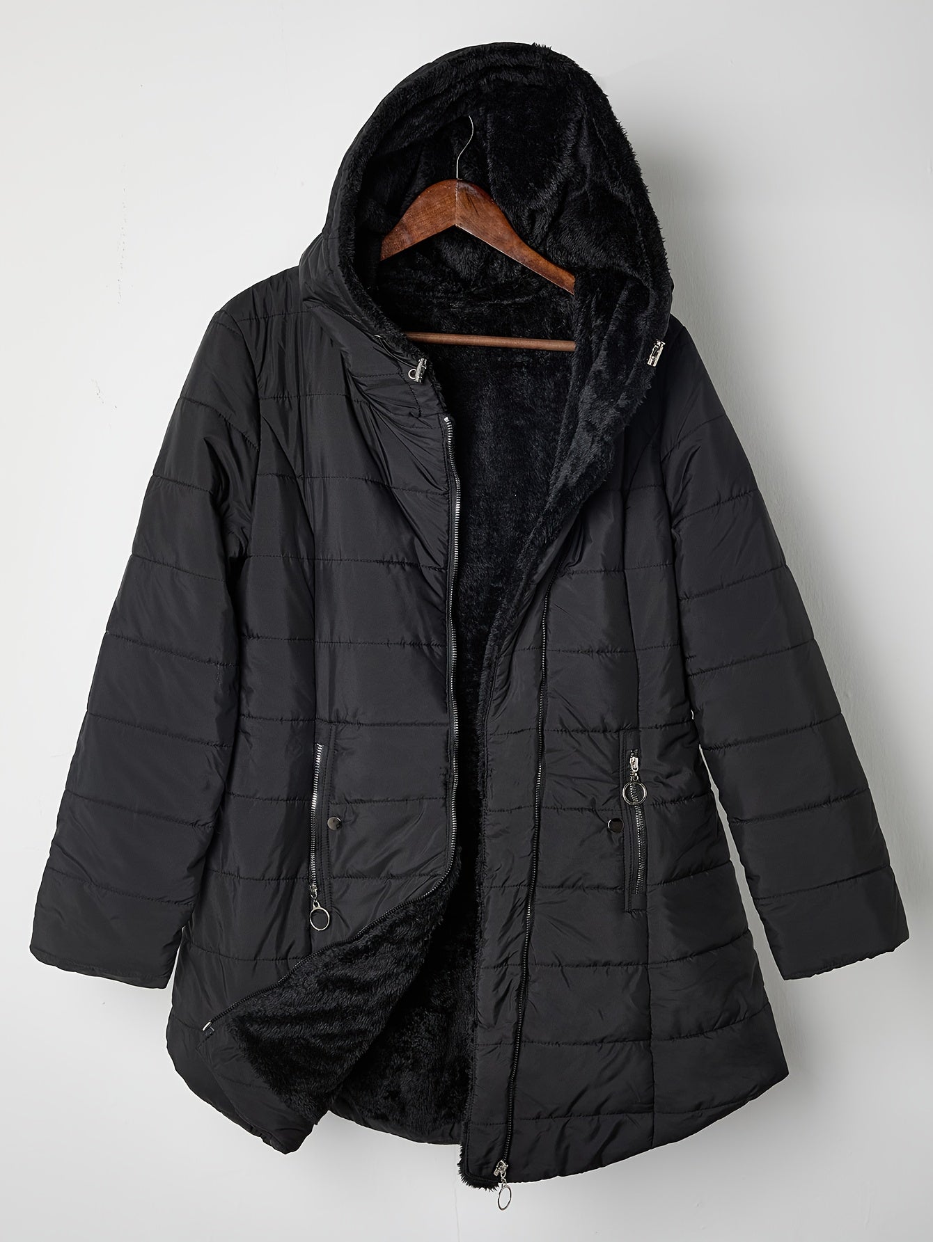 Women'S Elegant Mid-Length Black Coat with Hood - Winter Warmth, Zipper Pockets & Full-Zip Closure, Soft Lining, Structured Fit, Long Sleeve Non-Stretch Outerwear for Fall & Winter, Casual to Formal Outfits (No Belt Required)