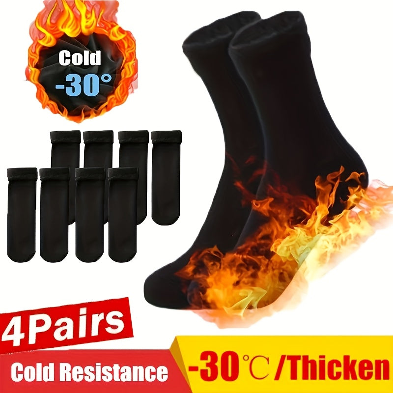 4 Pairs Thermal Insulated Fleece-Lined Socks - Cold-Resistant up to -30°C, Mid-Calf Thick Knit Polyester Socks for All-Season Outdoor Wear, Machine Washable - Perfect Christmas, Birthday & Holiday Gifts, Solid Color Design,