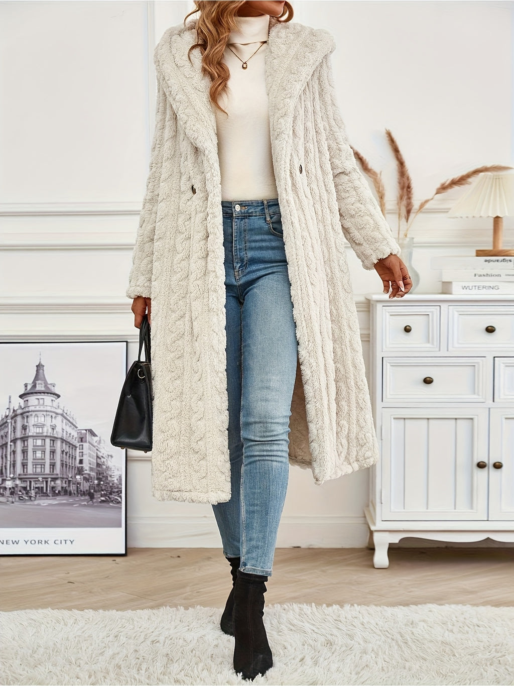 Women's Black Cable Longline Coat: Hooded Design (windproof & Trendy) + Cable Texture (luxurious Quality) + Extra-Long Fit (hides Flaws & Elongates Legs) + Thick & Warm (cold-resistant) + Black Hue (versatile for Any Outfit)