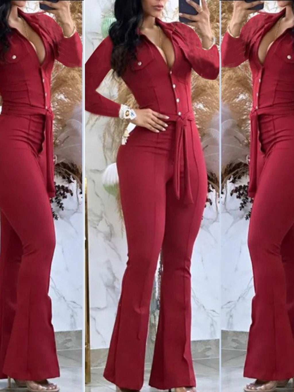 Women'S Casual Button-Front Collar Flared Cargo Jumpsuit with Belt - Vibrant Pink Wide-Leg Pants, Adjustable Waist & Functional Pockets, Cozy Winter Outfit for Everyday & Semi-Formal Wear, Easy-Care Durable Fabric (No Ironing