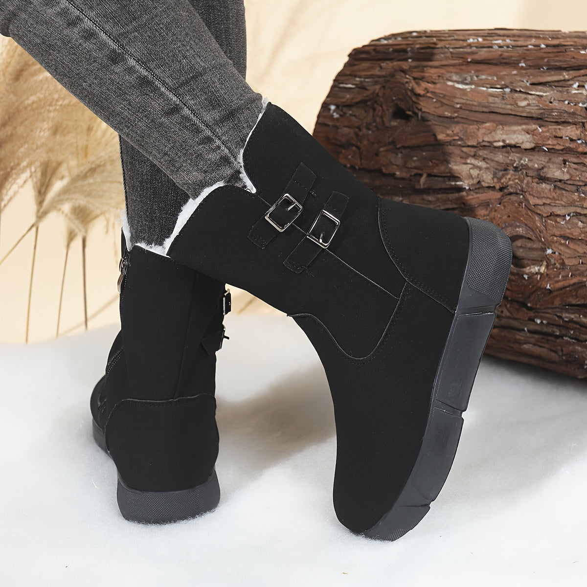 Women'S Cozy Fleece-Lined Winter Boots with Zipper Closure - Round Toe, Low Heel, Synthetic Cover Upper, Rubber Sole, Casual Style for All-Season, Winter Boots For Women, Cold Weather Footwear