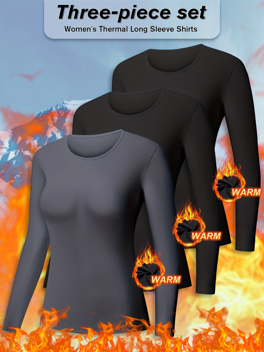 3pcs Women's Thermal Tops Fleece Lined Base Layer Soft Stretchy Long Sleeve Undershirts for Cold Weather, Winter Essentials, Layering Basics, Cozy Loungewear, Minimalist Style, Comfortable Fit, Fleece Undershirt, Women's Fash