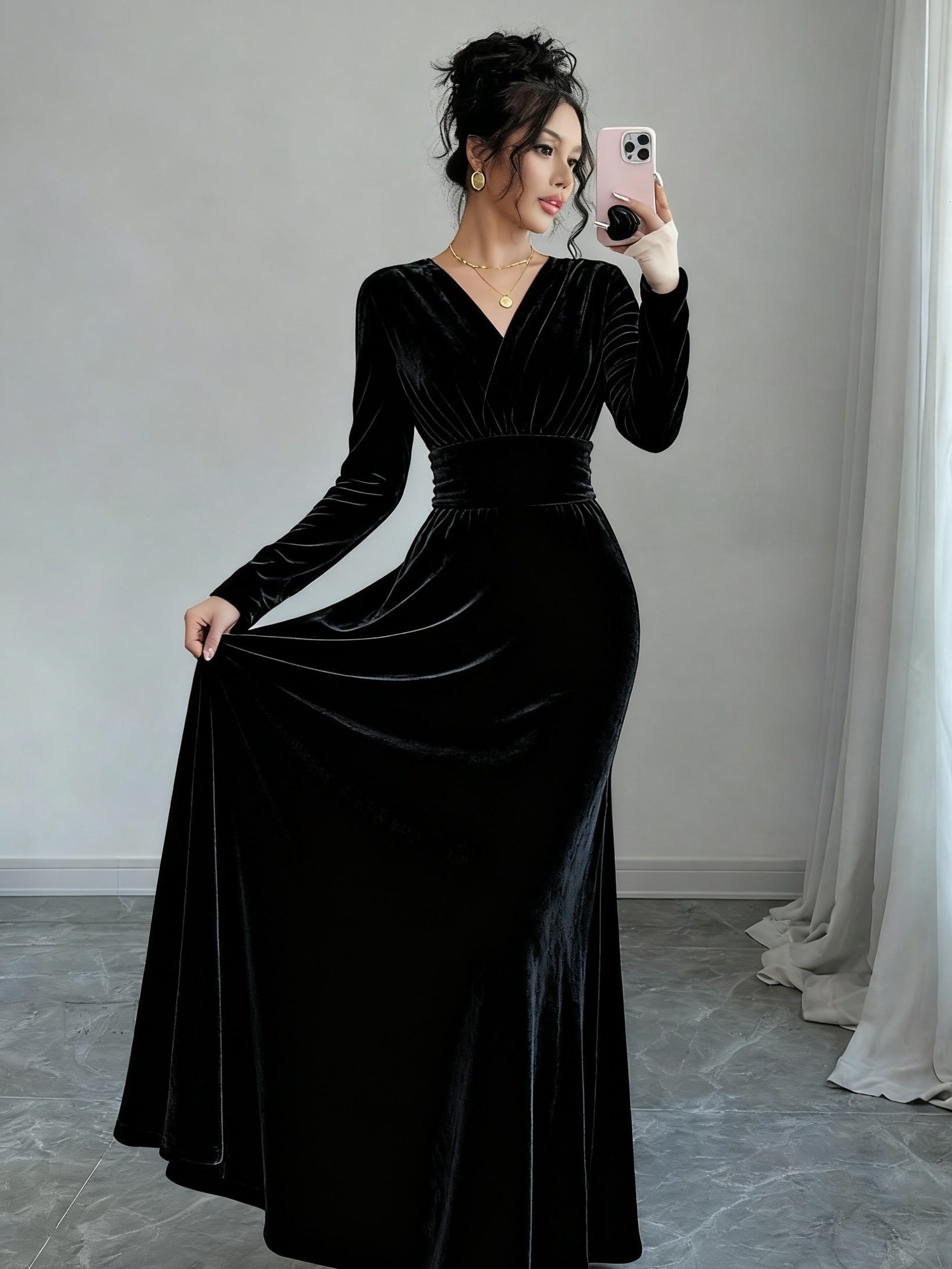Women'S Elegant Navy Formal & party dress - Long Sleeve flared gown, V-Neck Evening Gown for Galas, Awards, Everyday - Fall Winter Formal Attire