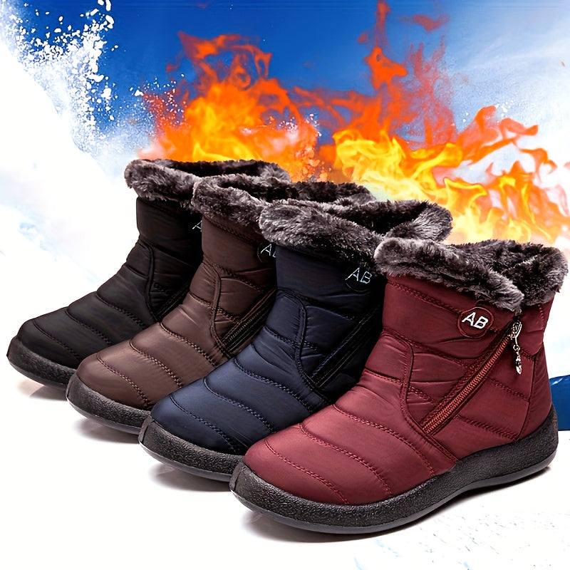 Women'S Winter Snow Boots - Cozy Fleece Lined Round Toe Zipper Closure, Flat Sole Warmth for Outdoor Activities, Solid Color Winter Shoes, Winter Boots, Cozy Footwear, Fabric Upper