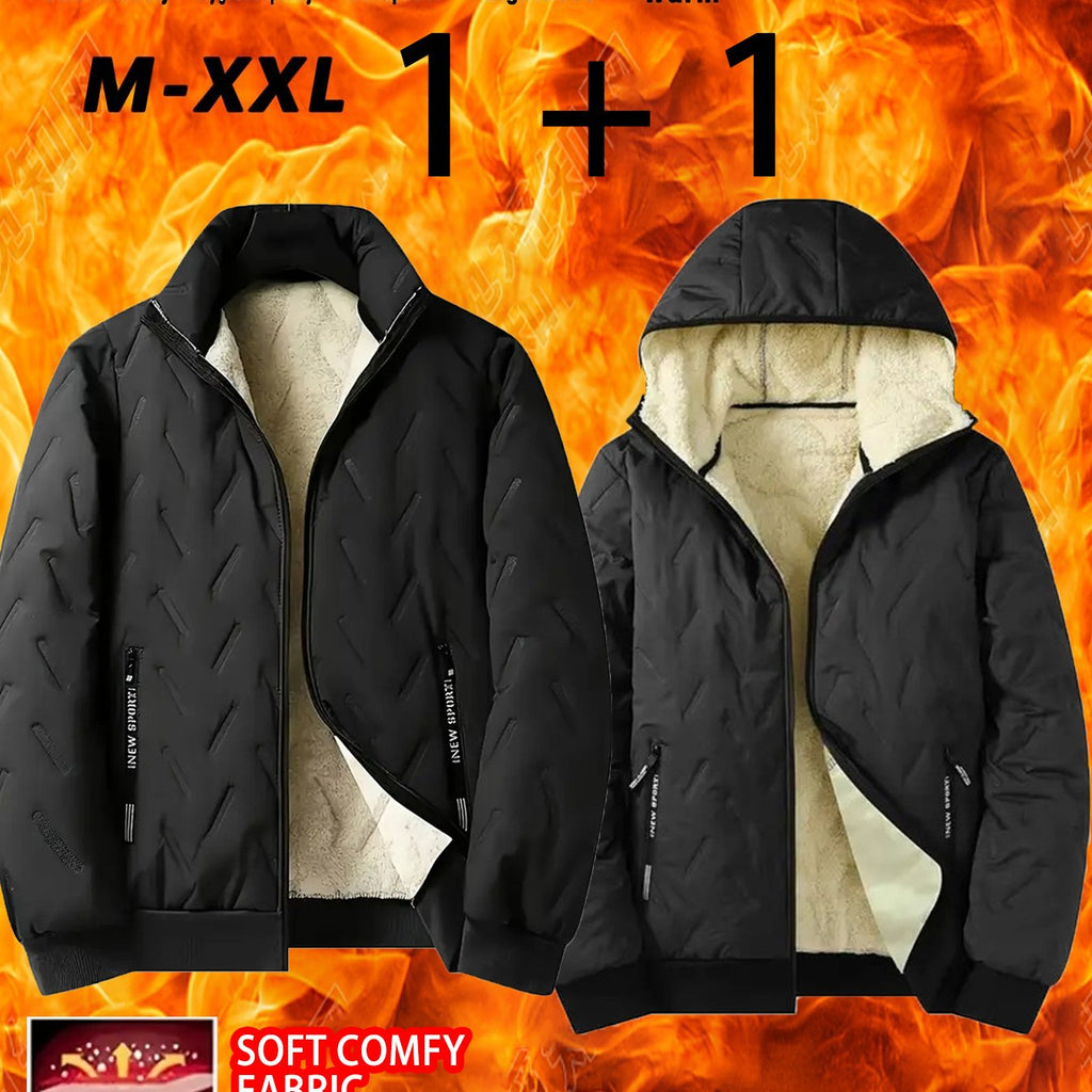2pcs - High quality two-piece Men's standing collar jacket, long sleeved jacket, Men's hooded long sleeved jacket, Men's winter casual jacket set, with plush lining polyester fabric zipper pocket, suitable for sports, leisure