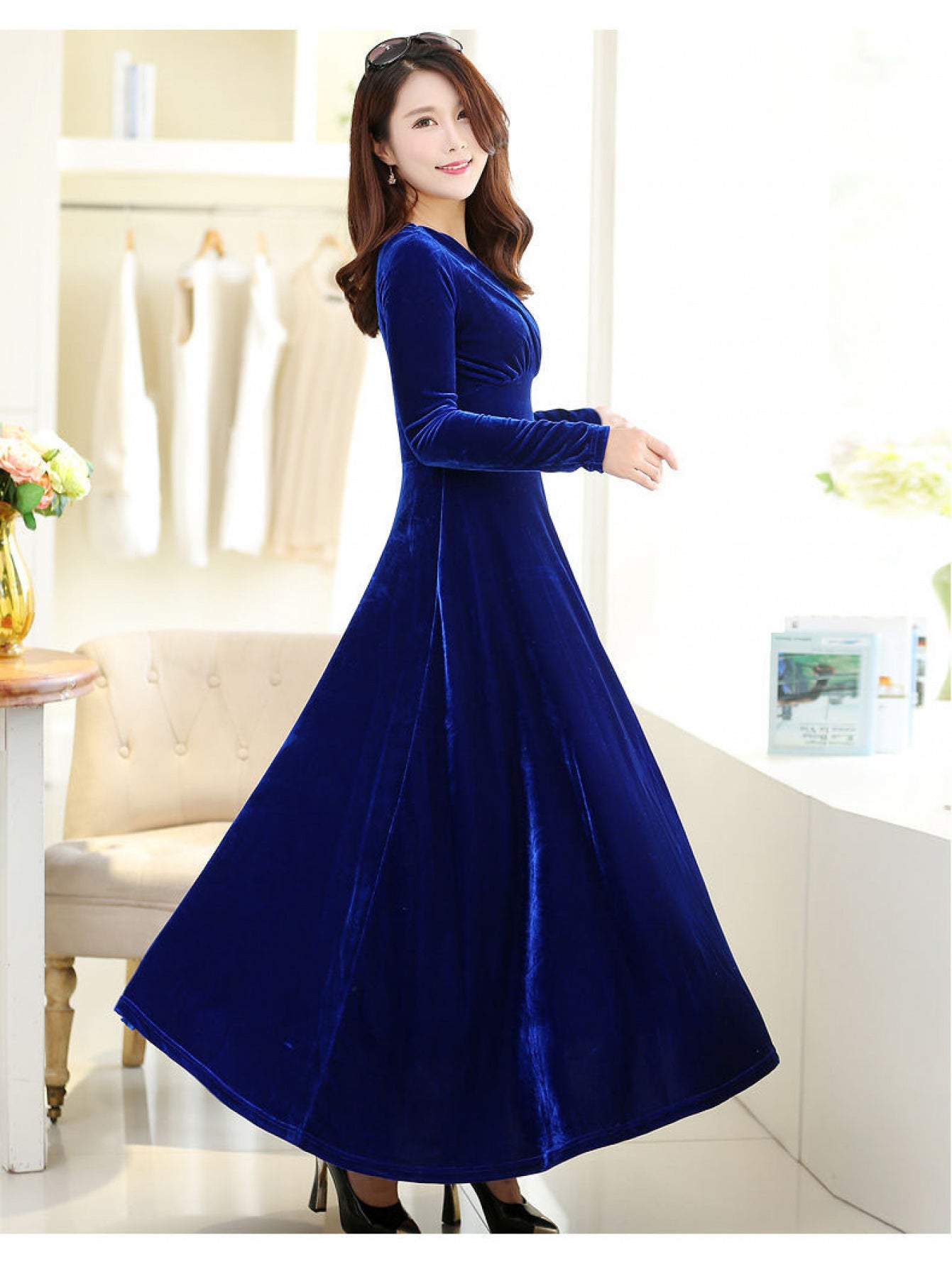 Women'S Elegant Navy Formal & party dress - Long Sleeve flared gown, V-Neck Evening Gown for Galas, Awards, Everyday - Fall Winter Formal Attire