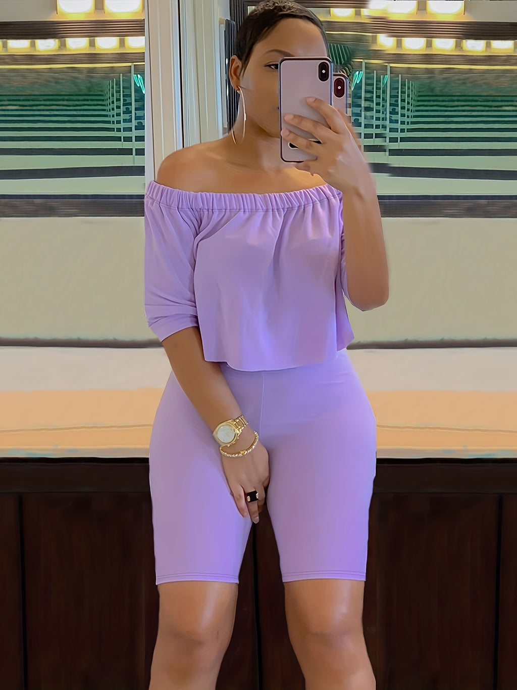 Sexy Solid Fashion Pantsuits Two-piece Set, Off Shoulder Short Sleeve Tops & Slim Shorts Set, Women's Clothing