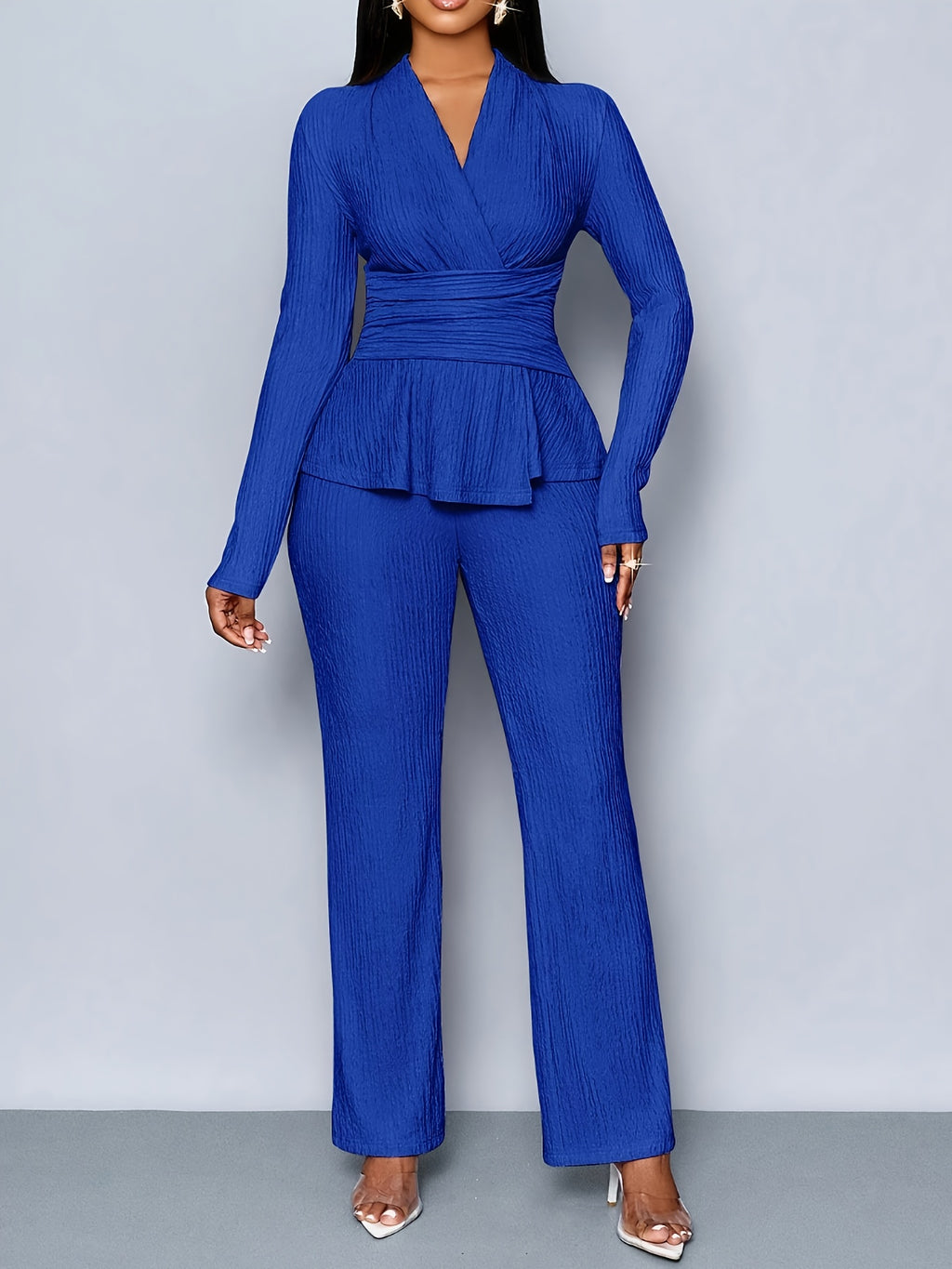 Elegant V-Neck Wrap Set for Women Blouse and Tailored Pants Set - Great for Work and Events