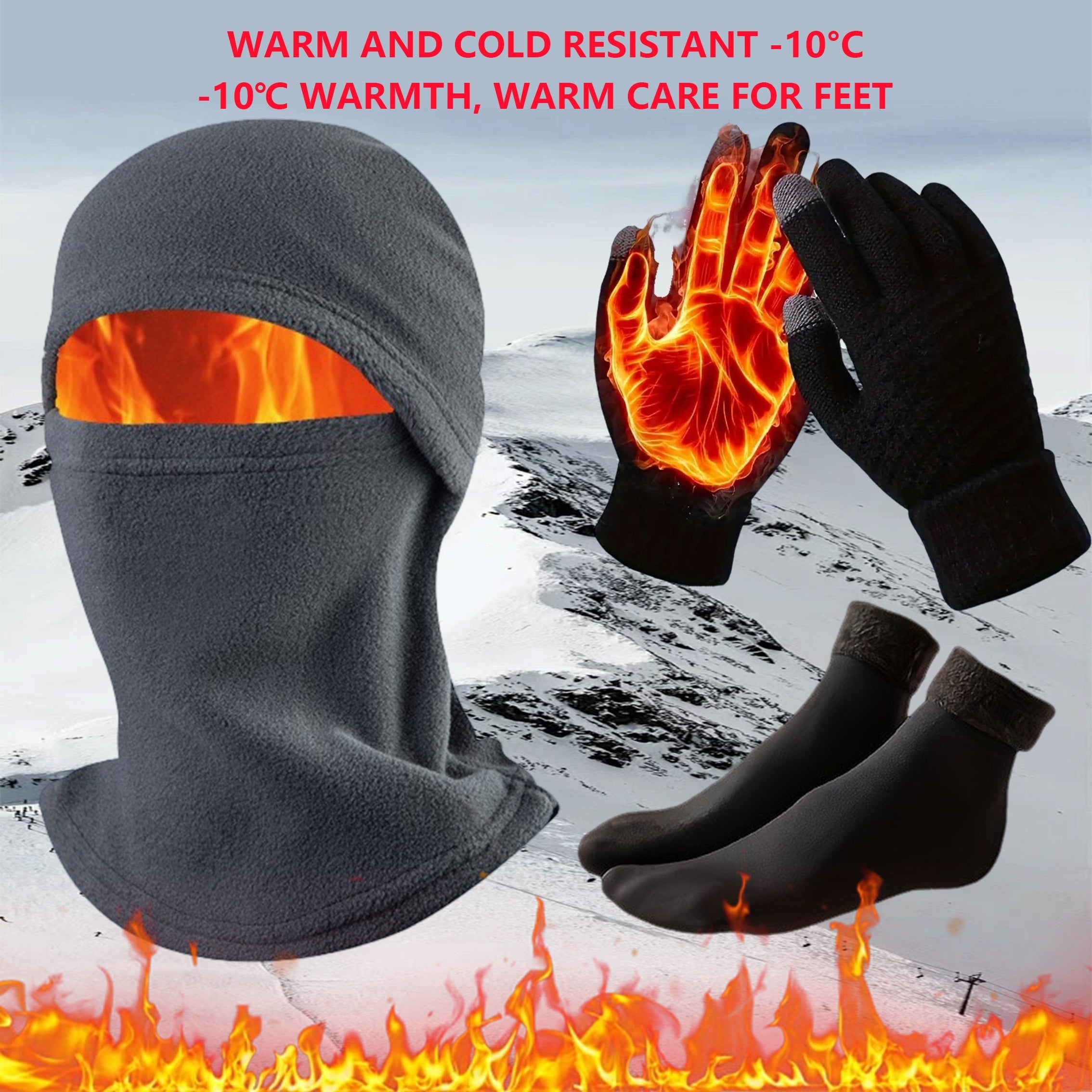 1 Set Winter Essentials Set: Touchscreen-Friendly Gloves, Thick Fleece-Lined Socks & Windproof Balaclava with Ear Protection - 100% Polyester, Warm and Cold Resistant for Outdoor Activities, Winter Clothes