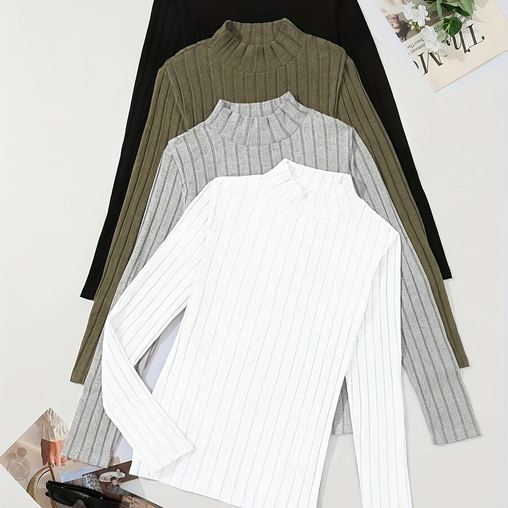 4pcs Solid Color Ribbed T-Shirt Set