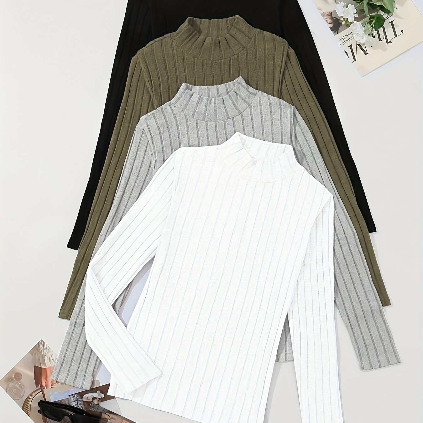 4pcs Solid Color Ribbed T-Shirt Set