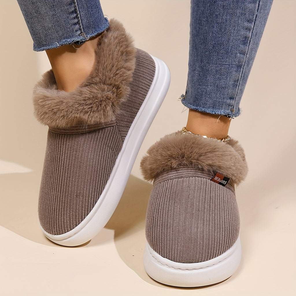 Ultra Soft Cozy Fuzzy House Slippers - Winter Warm Plush Lined Shoes for Men and Women - Cozy Corduroy Slip On Slippers with Fleece Lining for Cold Weather