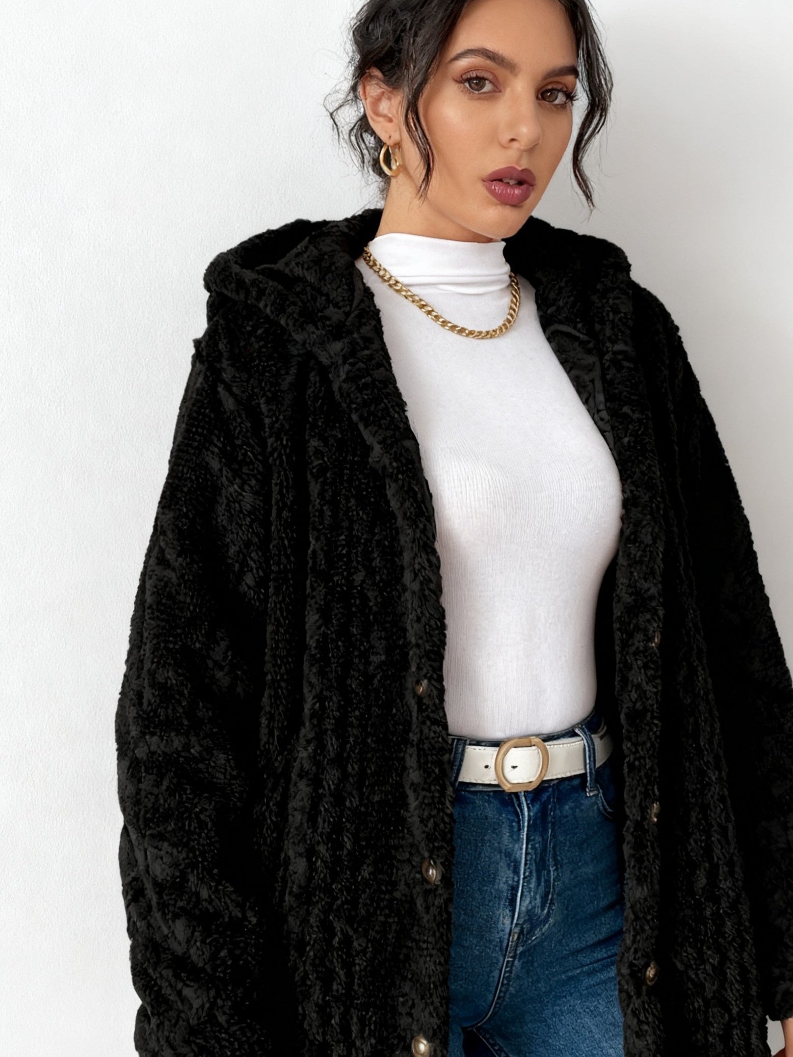 Women's Plush Fuzzy Hooded Cardigan Coat - Luxe Cable--Like Jacket with Button-Front Closure, Soft Beige Winter Sweater for Blouses & Jeans, Hand Washable Mid-Length Outerwear (No Belt)