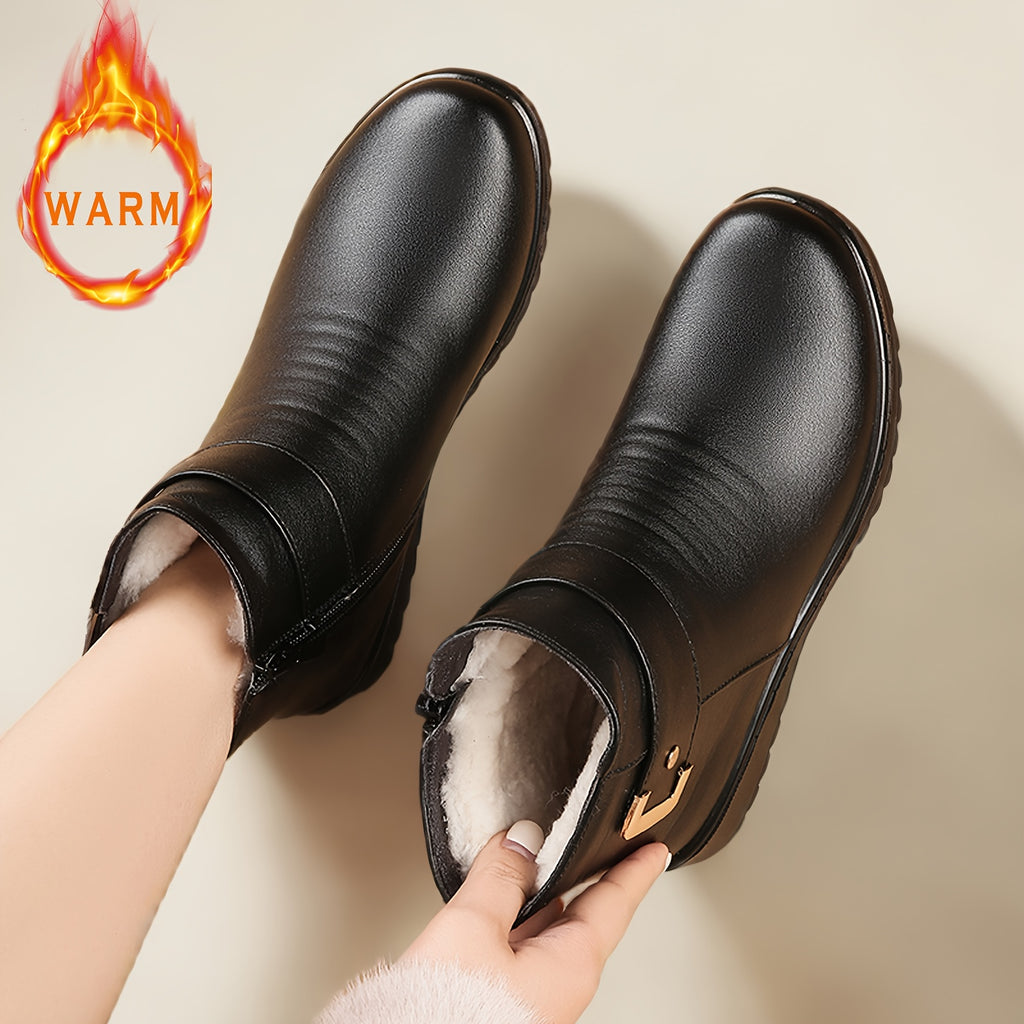 Women's Fleece-Like Winter Boots with Dress Compatibility - Retro Round-Toe Ankle Booties, Golden-Tone Buckle-Like Zipper Closure, Faux Cover Upper & PU Sole, Warm Round Heel for Dresses/Coutfits (Casual/Dressy) - Hand Washab