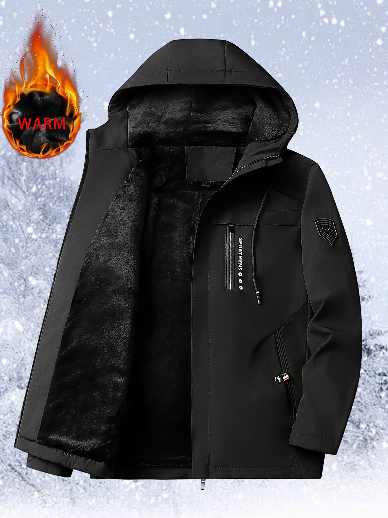 Men's Heavy-Duty Windproof Winter Jacket with Full-Zip Hooded Hoodie, & Snowboard Coat - Machine Washable Cold Weather Gear, Long Sleeve Zippered Pockets (No Belt) for Hiking, Snow Travel - Black/Blue Color Options (