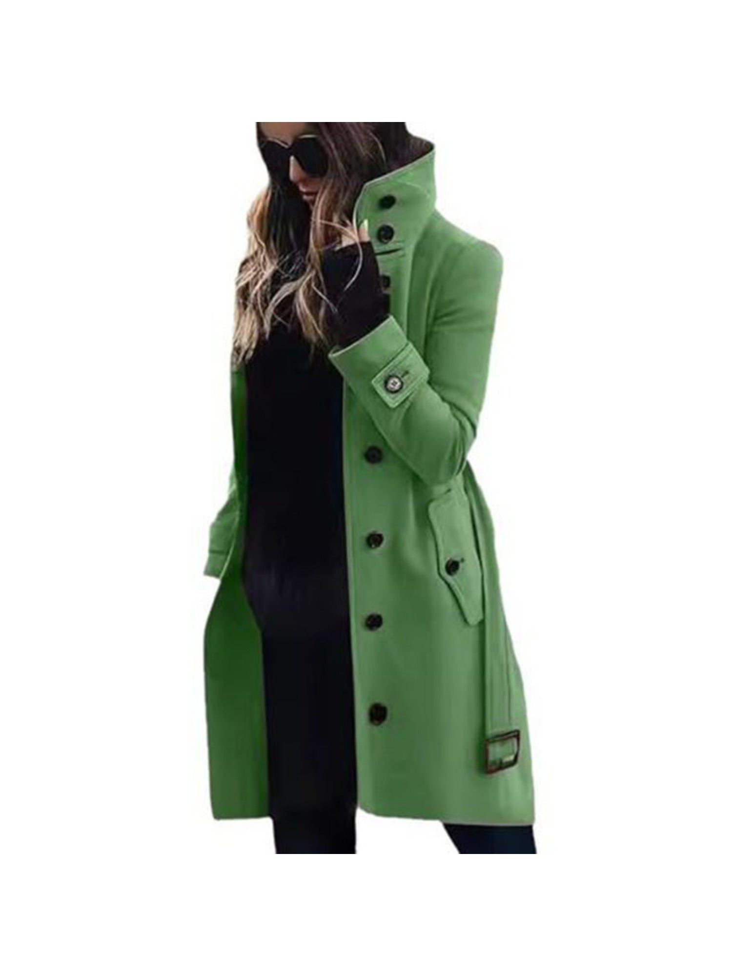 Women's Elegant Single-Breasted Stand Collar Winter Pea Coat - Long Midi Length Jacket with Pockets, Solid Color Business Casual Outerwear for or Cold Weather, Hand Washable Coat