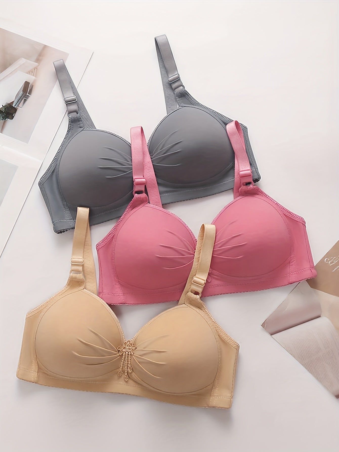 6pcs Women'S Wire-Free Smooth-Finish Back-Closure Bras with Adjustable Wide Straps & Decorative Pleats - Soft Comfort & Breathability, 6 Colors (, Pink