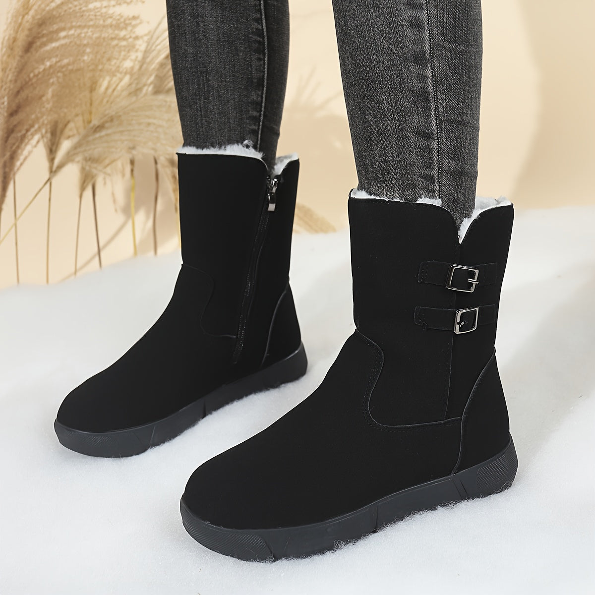 Women'S Cozy Fleece-Lined Winter Boots with Zipper Closure - Round Toe, Low Heel, Synthetic Cover Upper, Rubber Sole, Casual Style for All-Season, Winter Boots For Women, Cold Weather Footwear