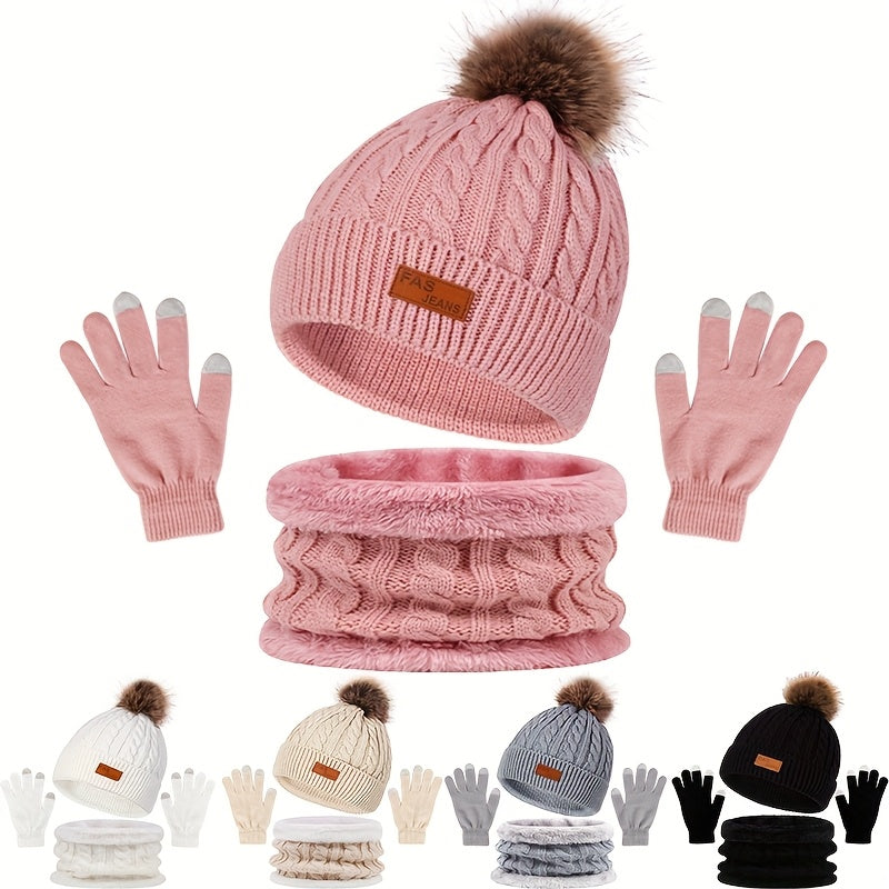 Three-piece Adult Warm Suit, Winter Hat, Scarf, Touch Screen Gloves, Three-in-one Warm Suit, Including Thickened Hat, Scarf, Touch Screen Gloves, Cold and Frostproof, Suitable for Daily Travel, Shopping, Outdoor Activities