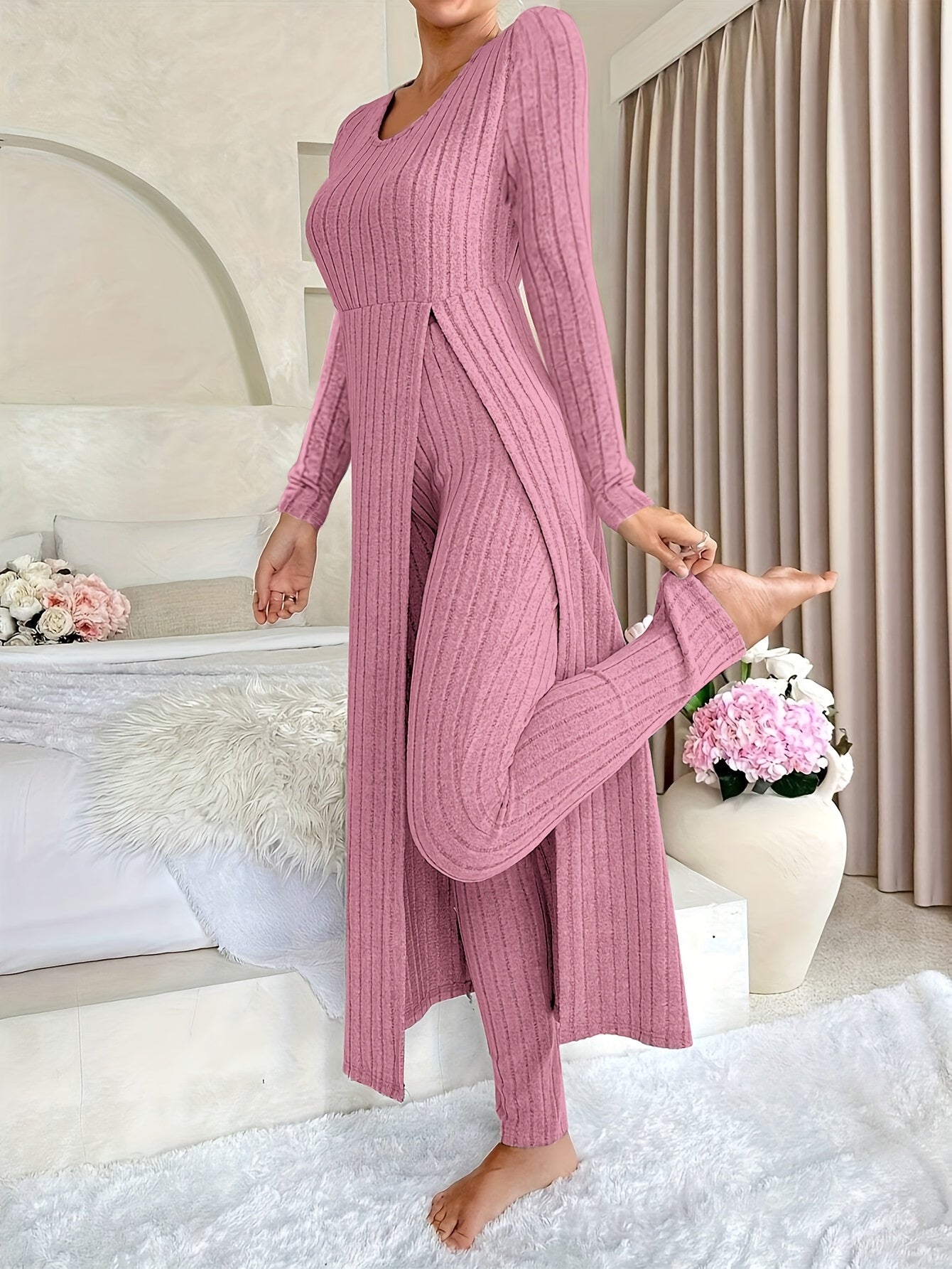 [Targeted]Two-piece Set of Ribbed Long-sleeved Top and Pants for Women