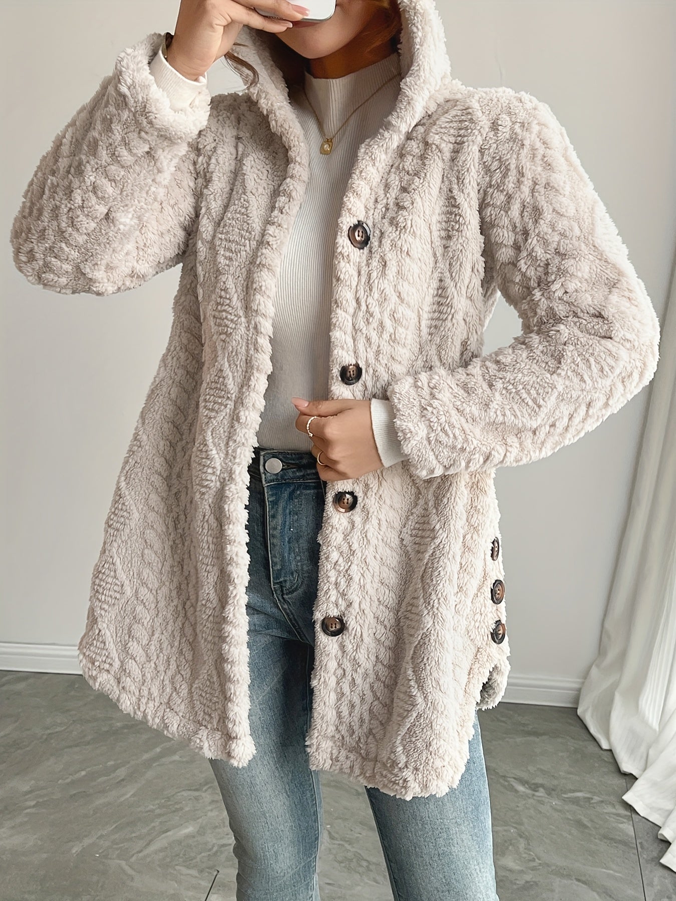 Elegant Beige Faux Fur Hooded Cardigan for Women - Long Sleeve, Button-Up Mid-Length Winter Coat with Pockets, Warm & Stylish Fall/Winter Outerwear, Cozy Clothing | Buttonup Cardigan | Structured Design