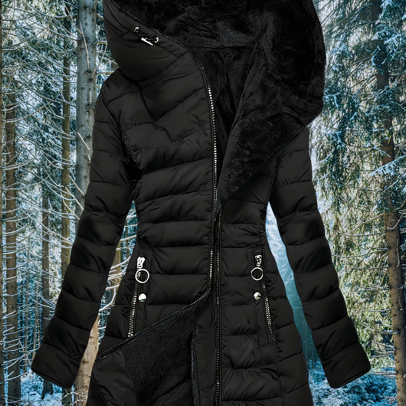 Women'S Elegant Mid-Length Black Coat with Hood - Winter Warmth, Zipper Pockets & Full-Zip Closure, Soft Lining, Structured Fit, Long Sleeve Non-Stretch Outerwear for Fall & Winter, Casual to Formal Outfits (No Belt Required)