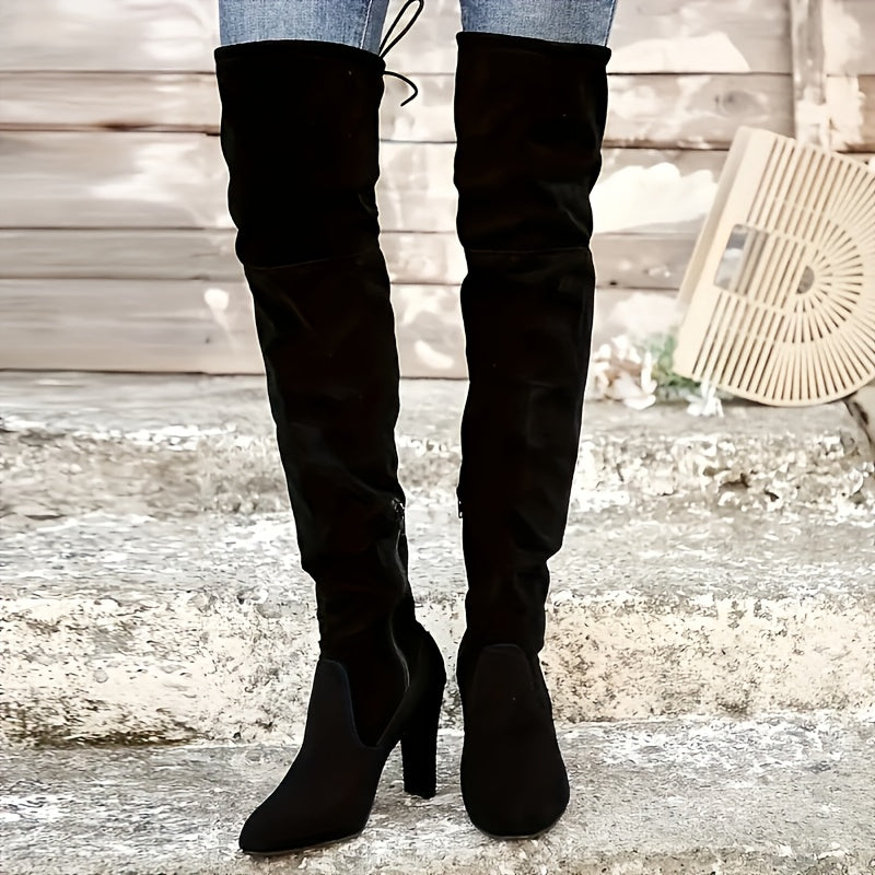 Chic Over-the-Knee Women'S Boots - Retro Pleated High Heel, Winter Fashion Knight Boots with Chunky Heel, Easy Care Fabric Lining