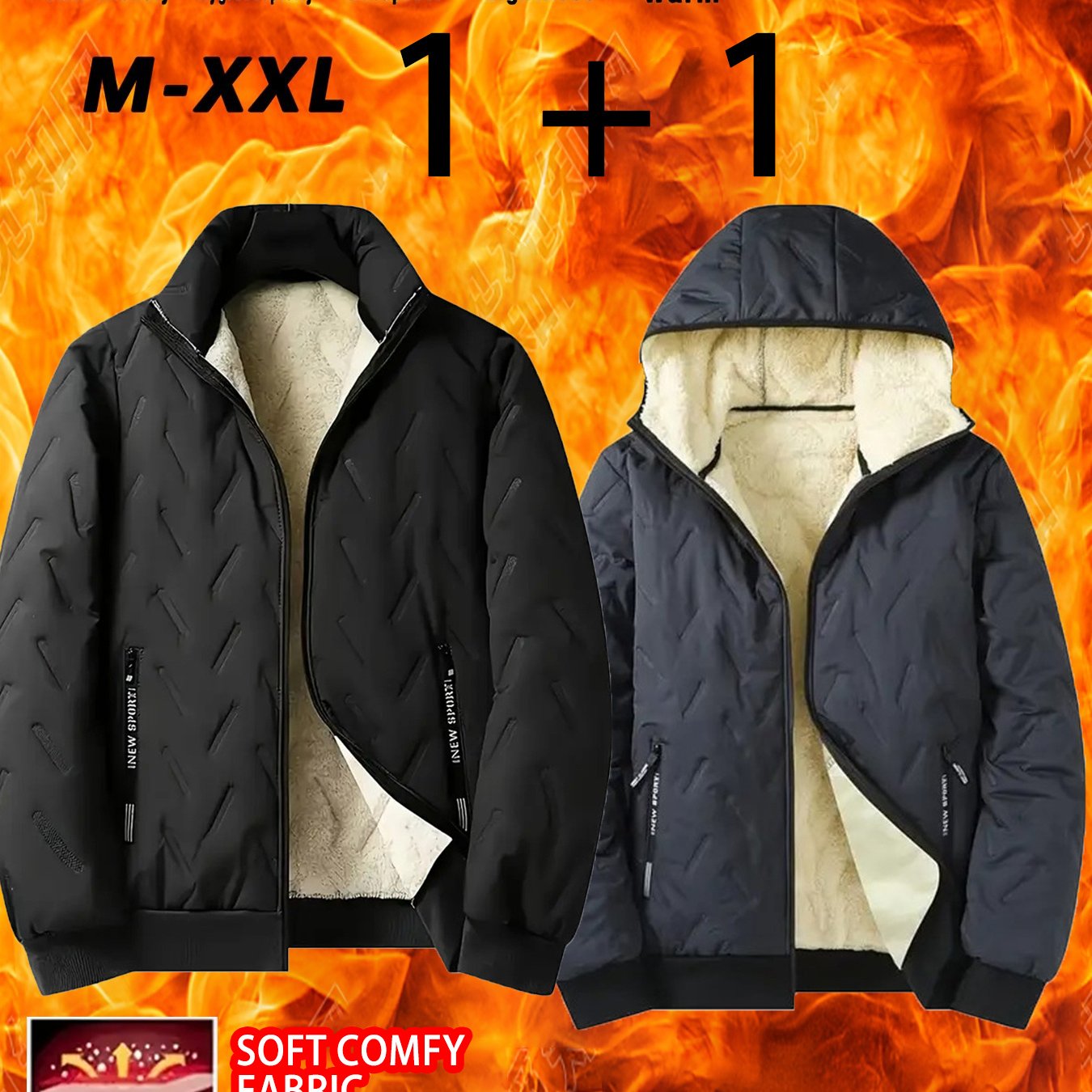 2pcs - High quality two-piece Men's standing collar jacket, long sleeved jacket, Men's hooded long sleeved jacket, Men's winter casual jacket set, with plush lining polyester fabric zipper pocket, suitable for sports, leisure